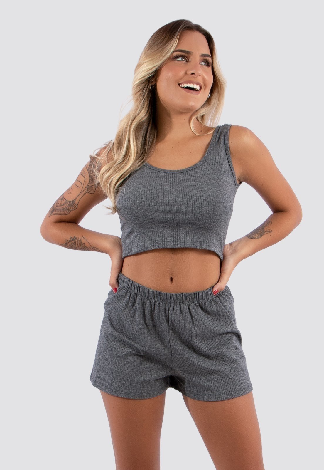 Pijama Canelado Curto Cropped Linha Noite Short Doll Mescla