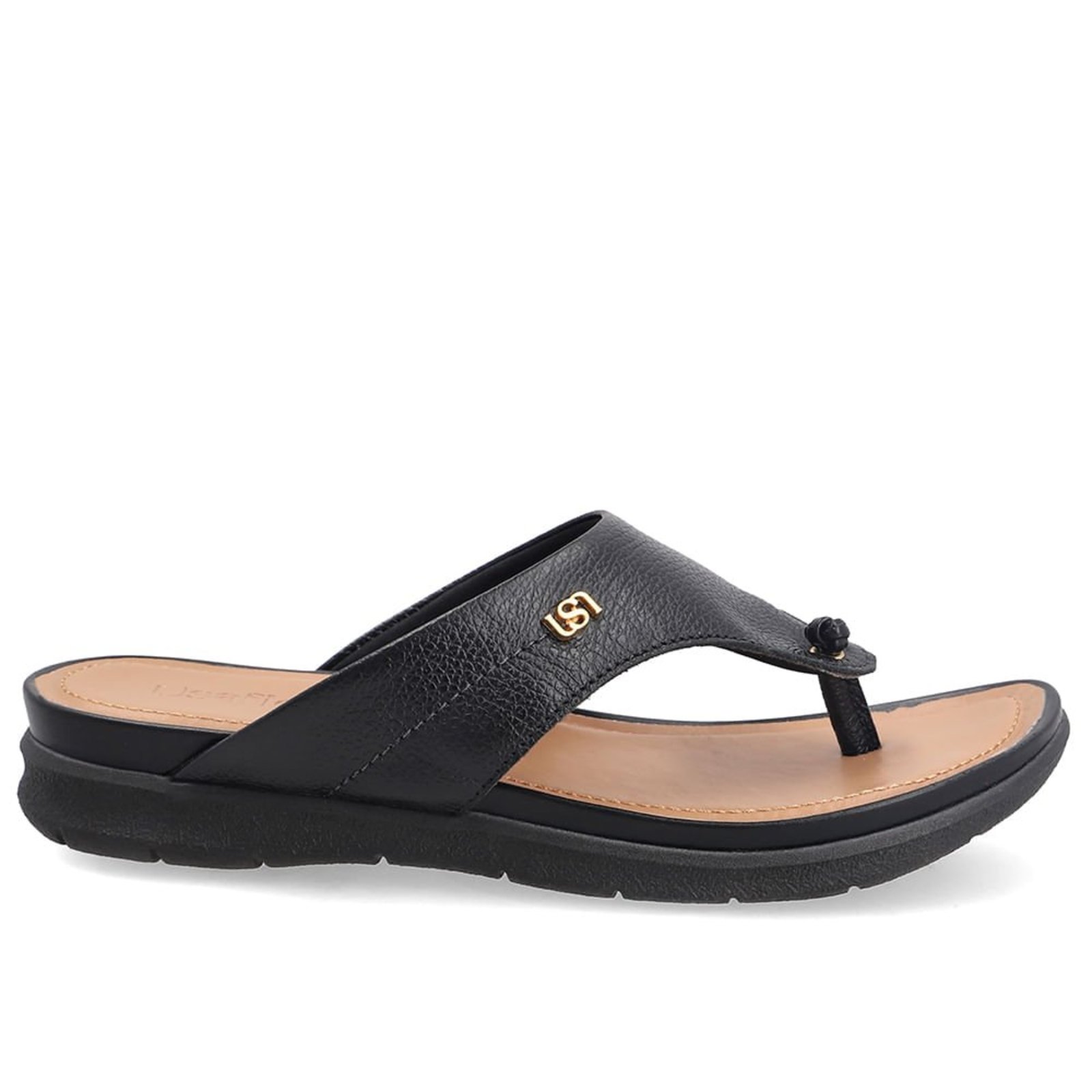Chinelo Em Couro Preto Com Solado Rasteiro