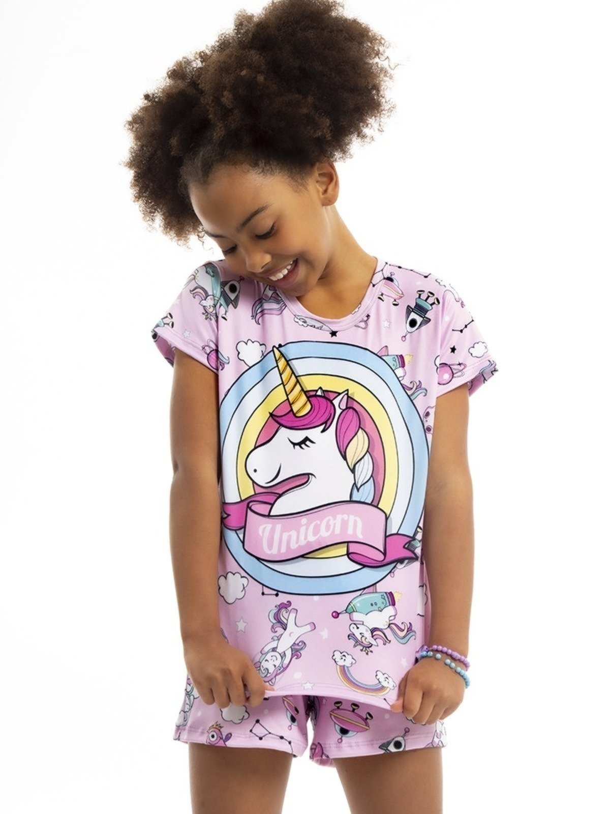 Vista 2 Pijama de Verão Menina Peach Touch Magicamente Unicórnio Estelar Magicamente Kids lilás Magicamente Kids lilás