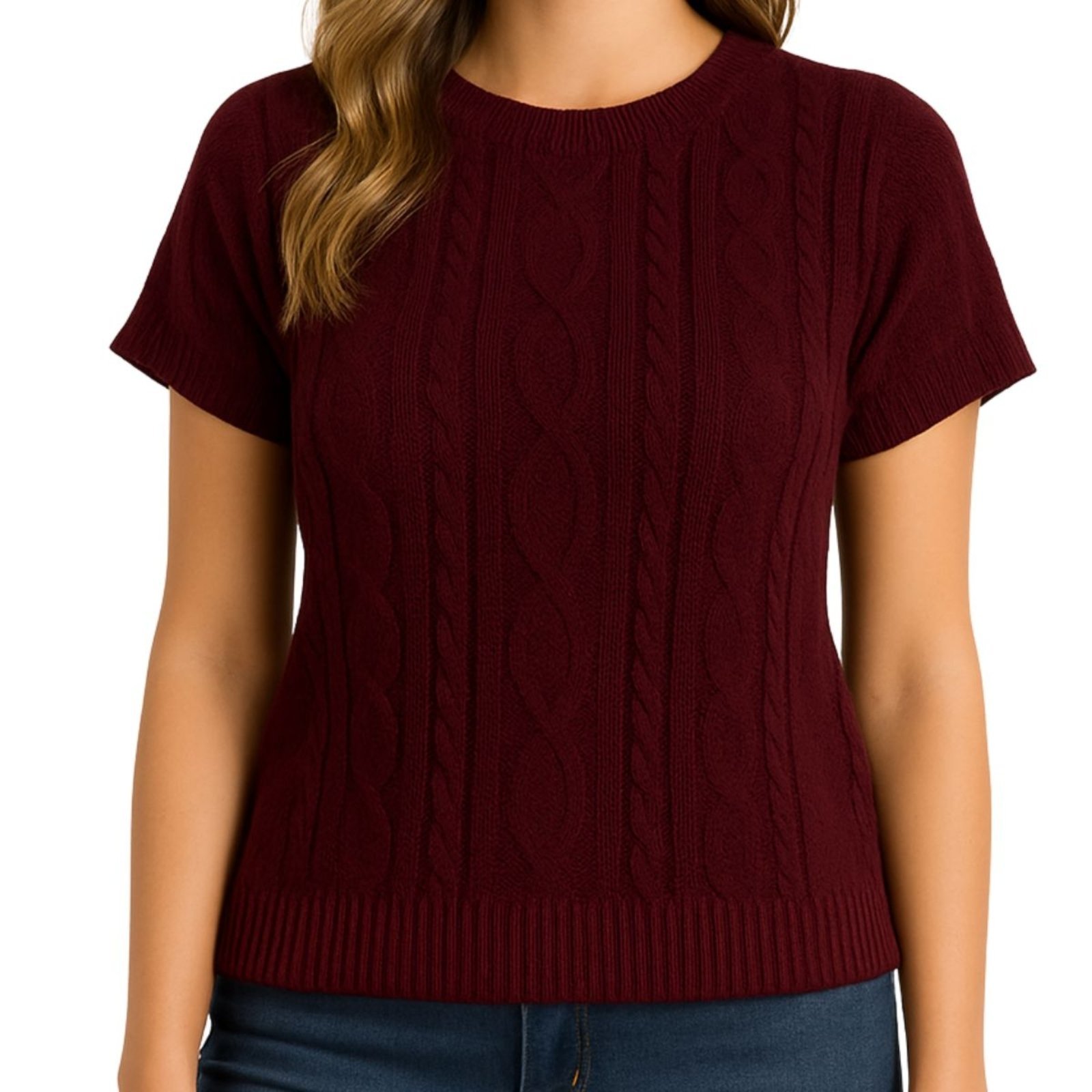 Blusa Vih Triny Feminina Tricô Manga Curta Canelada Trama Trançada Bordo