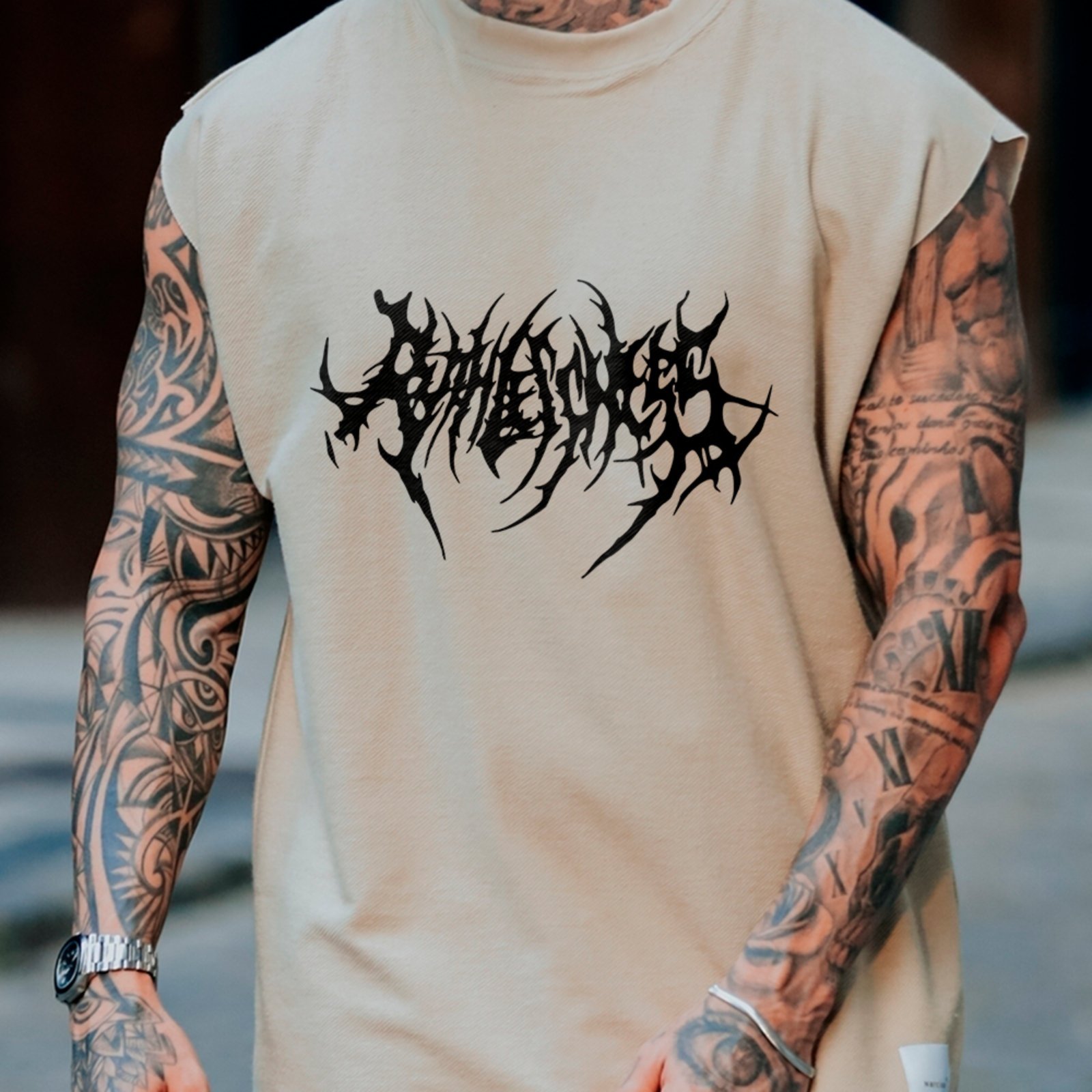 Camiseta Regata Machão Metal Logo Estilo Black Metal Off White