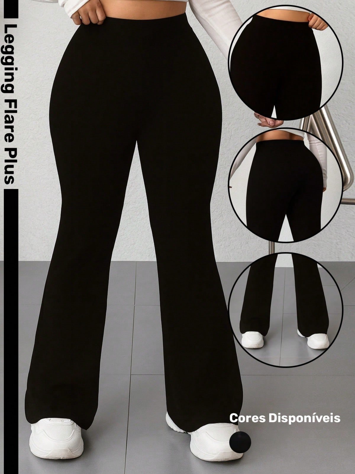 Calça Legging Flare Plus Size Femininas Safira Moda Cintura Alta Preta