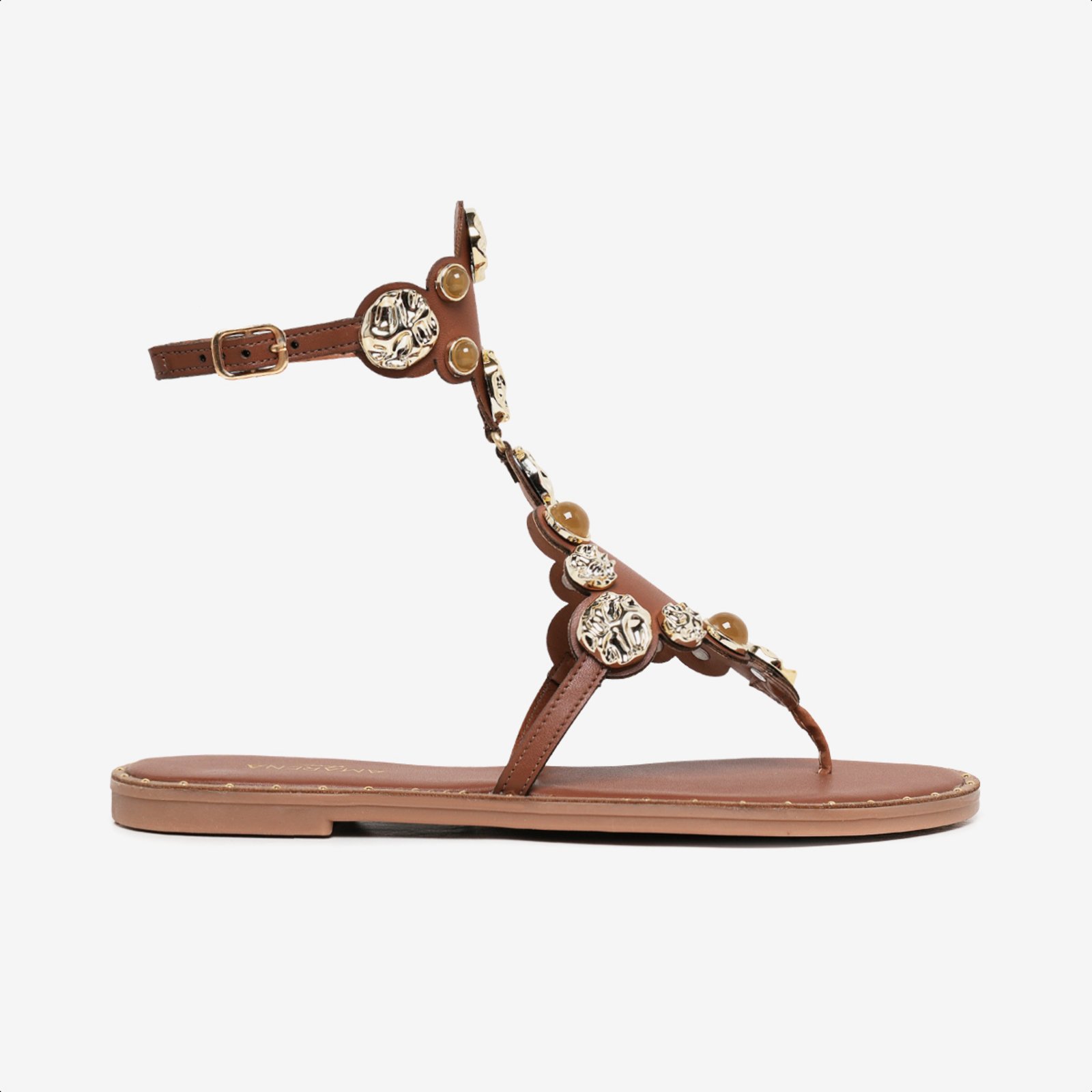 Sandália Rasteira Feminina Caramelo Verão Detalhe Esferas Orgânicas
