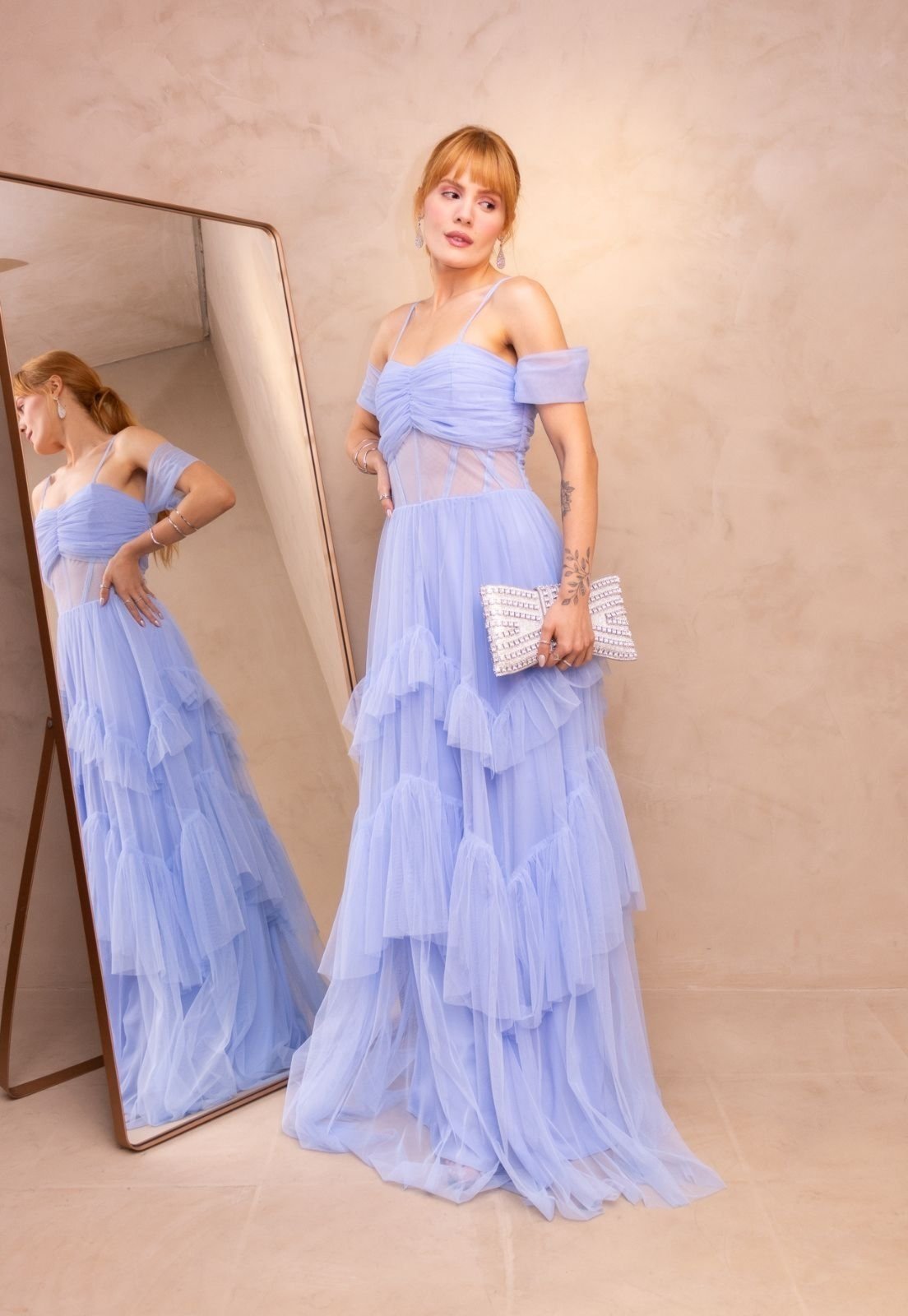 Vestido Longo de Festa Madrinhas Corselete Ombro à Ombro Saia em Camadas Elegante Luxynne Azul Serenity