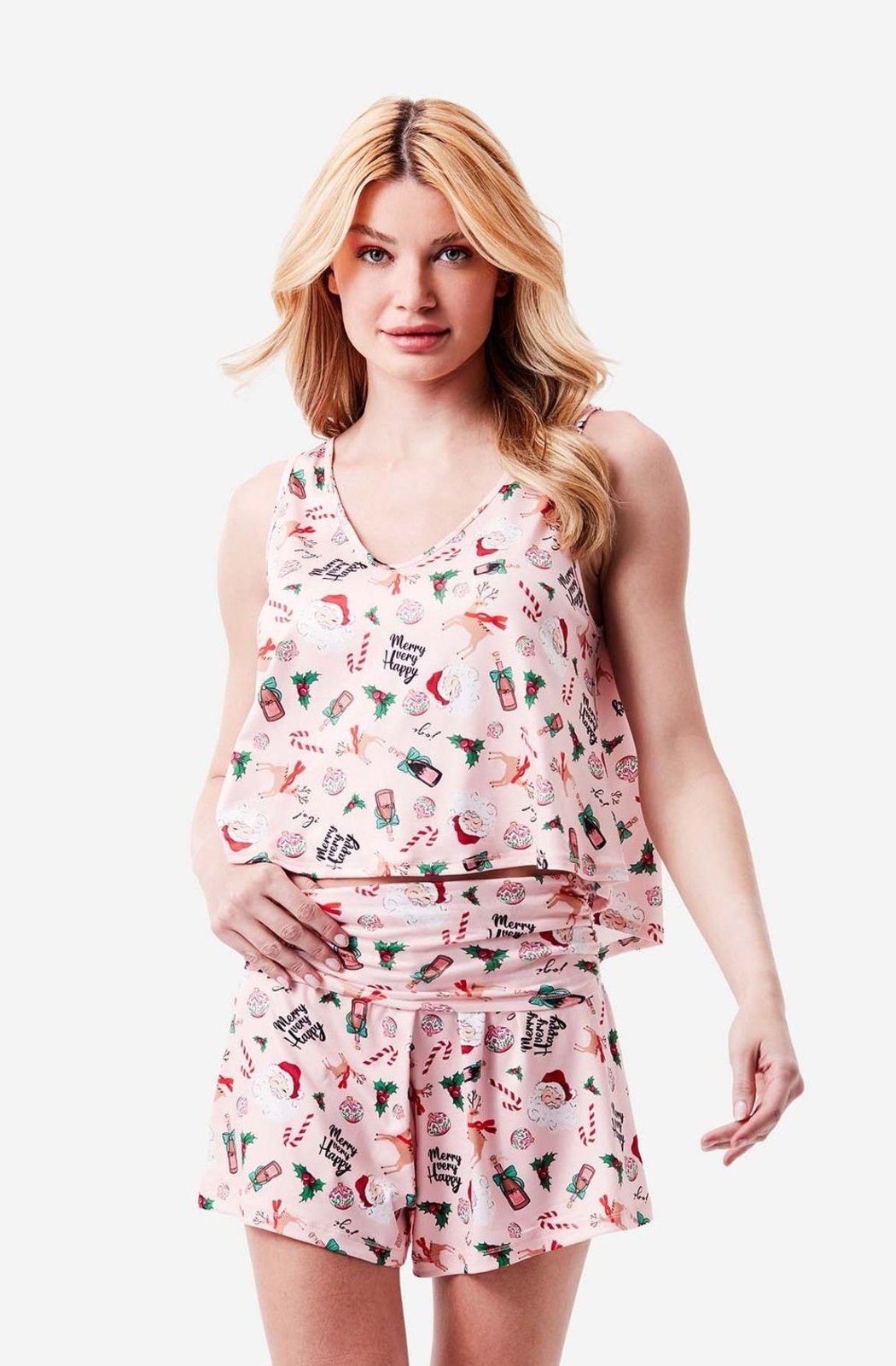 Pijama Curto Regata Malha HoHoHo Joge Curto Rosa