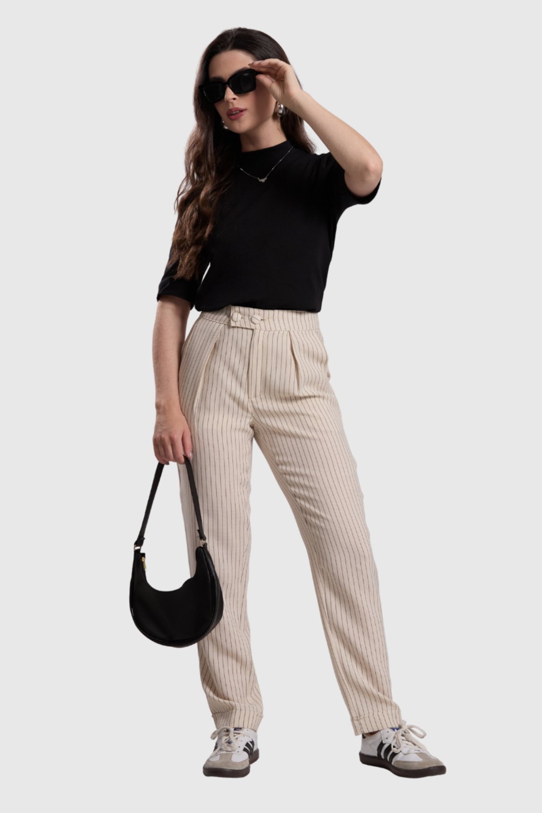 Calça Feminina Amora Café Reta Risca de Giz Off White