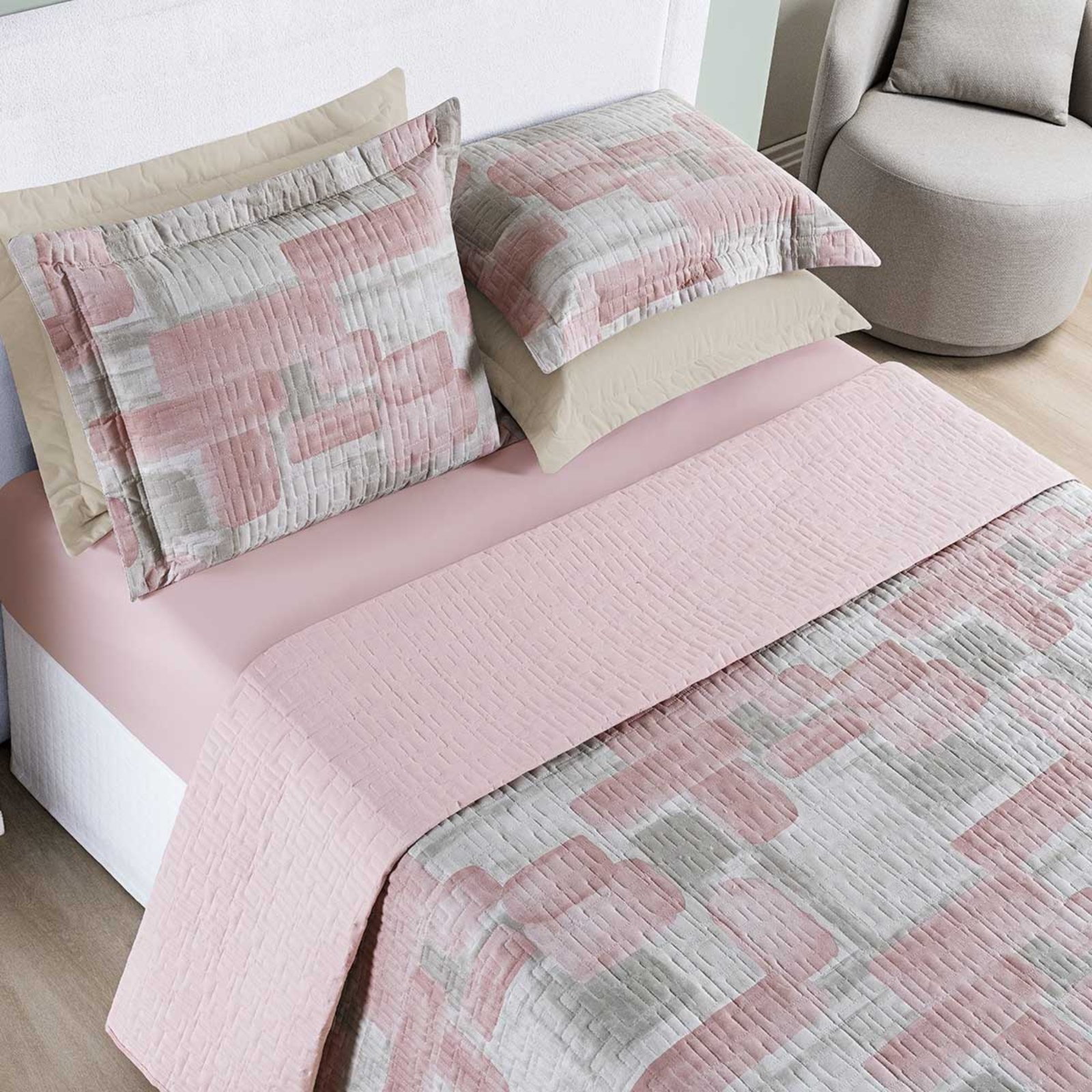 Kit Cobre Leito Colcha Casa Scarpa Maris Casal Padrão Estampado Dupla Face Percalle 200 Fios 3 Peças Quadri Rosê