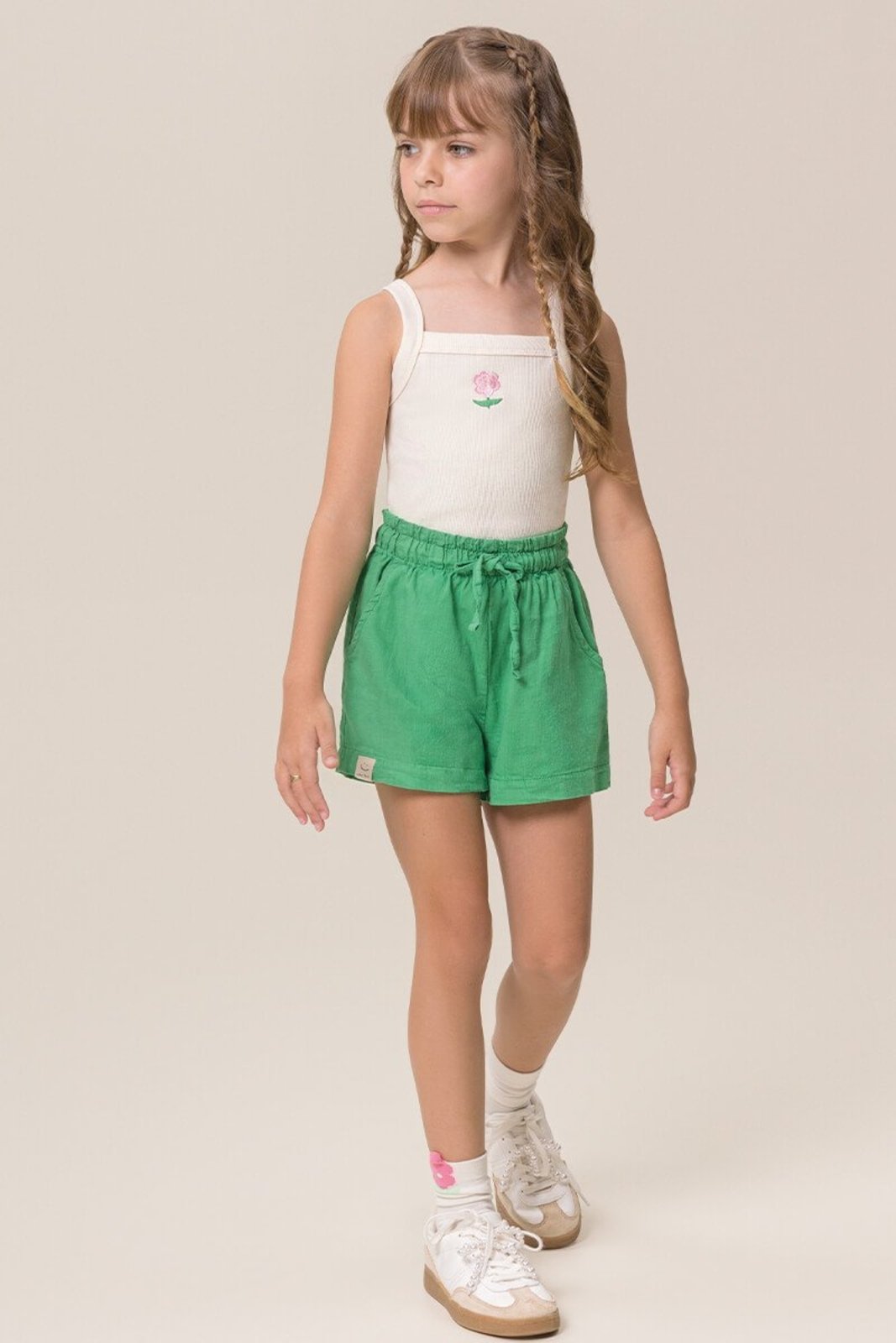 Infantil - Conjunto Bugbee Blusa Alça Malha Canelada Shorts Tecido Natural