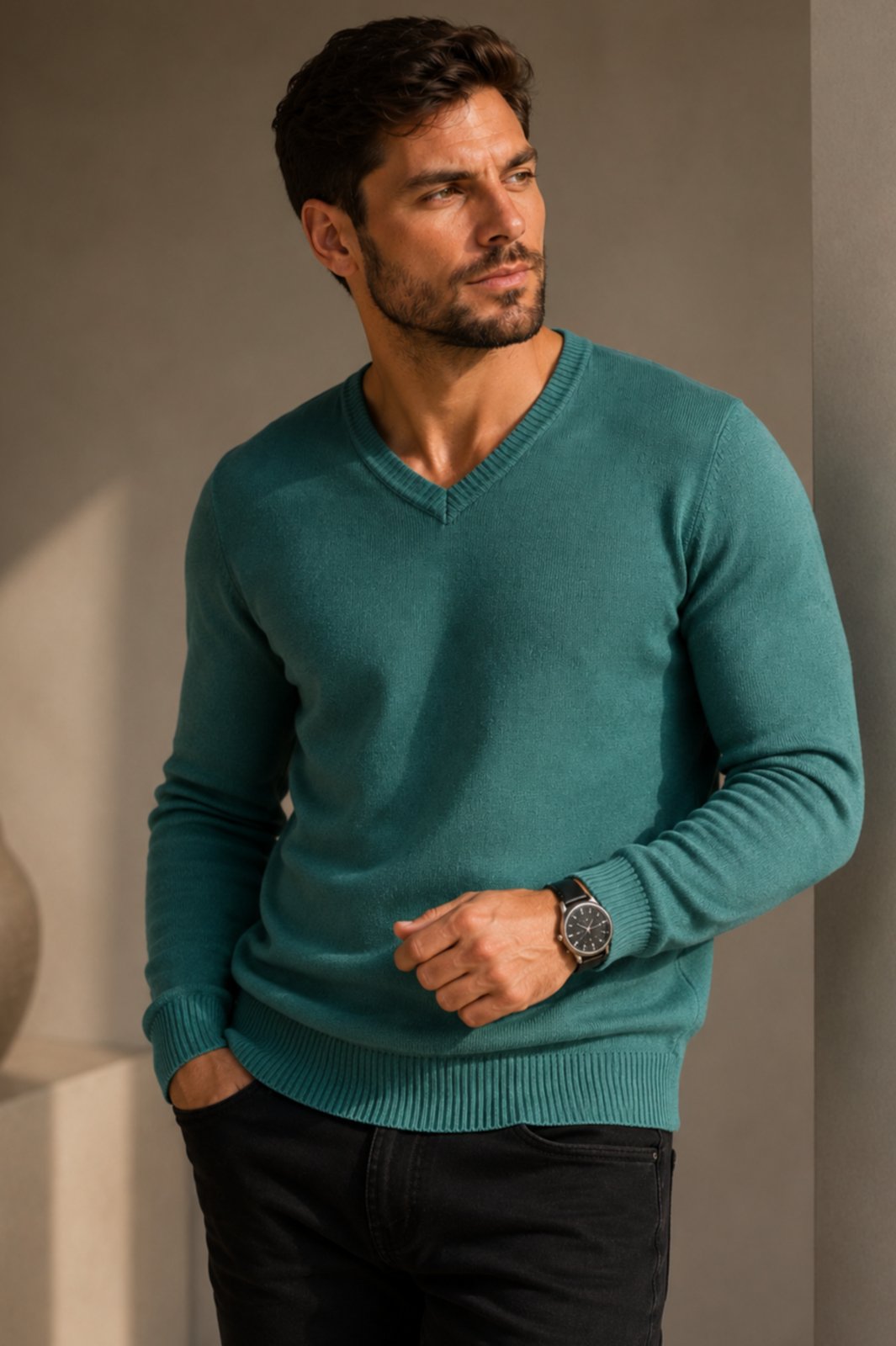 Suéter Masculino Slim Fit Gola V em Tricô Premium Lapetry Casual e Estiloso Verde