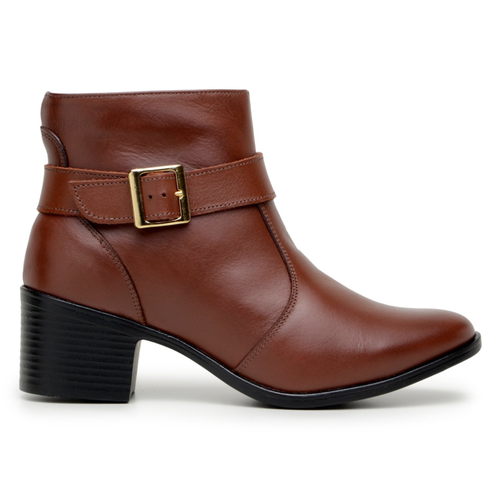 Bota Feminina Couro Zíper Lateral Fivela Corrente Cano Médio Cor Café