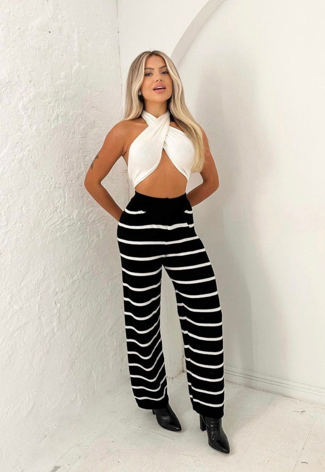 Calça Tricot Cintura Alta Listrado