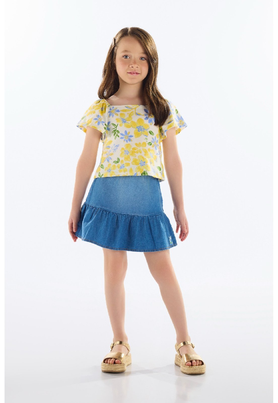 Infantil – Conjunto Blusa e Saia Jeans Menina Quimby Amarelo