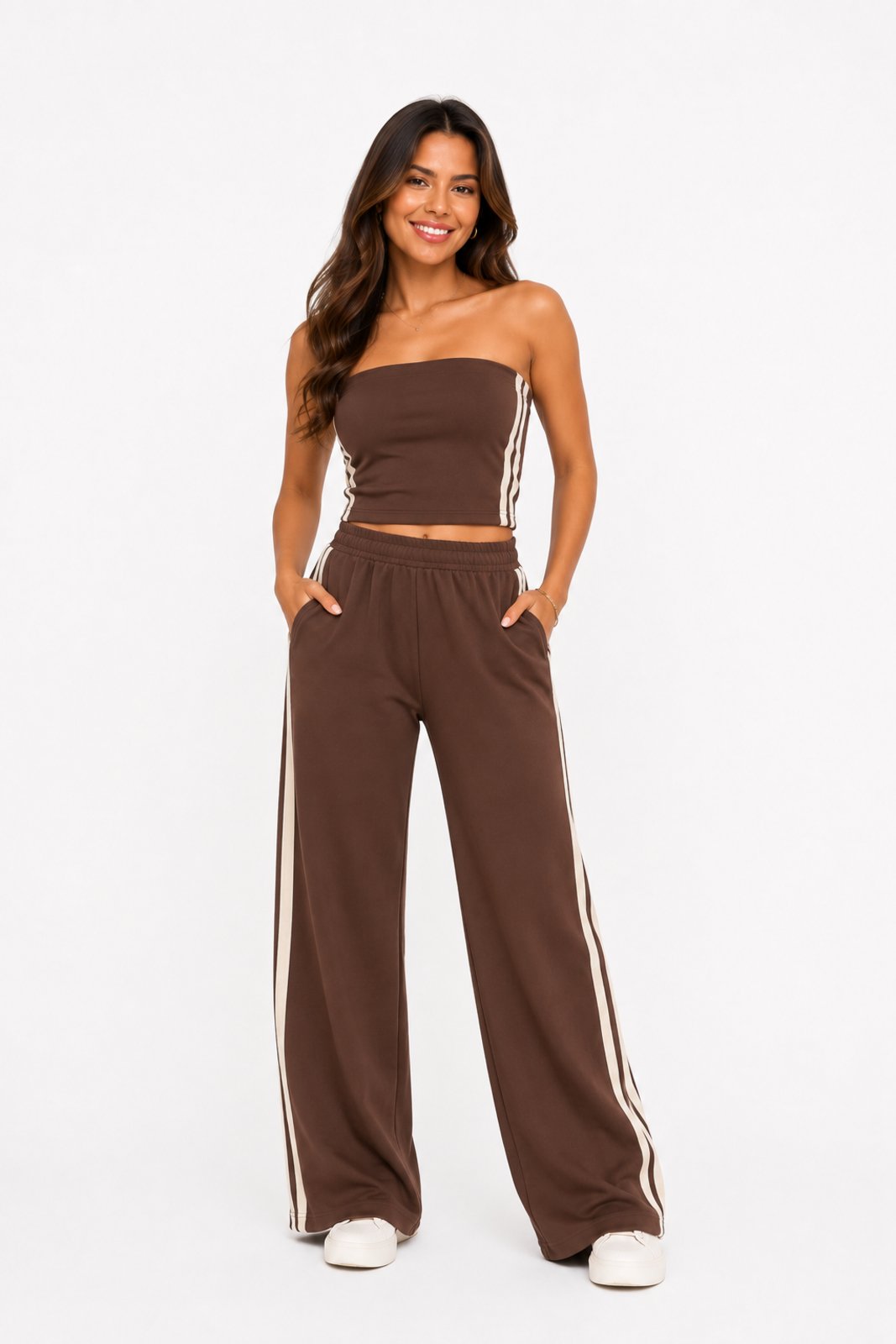 Conjunto Feminino D Bell Outlet Fashion Moletinho Listras Marrom
