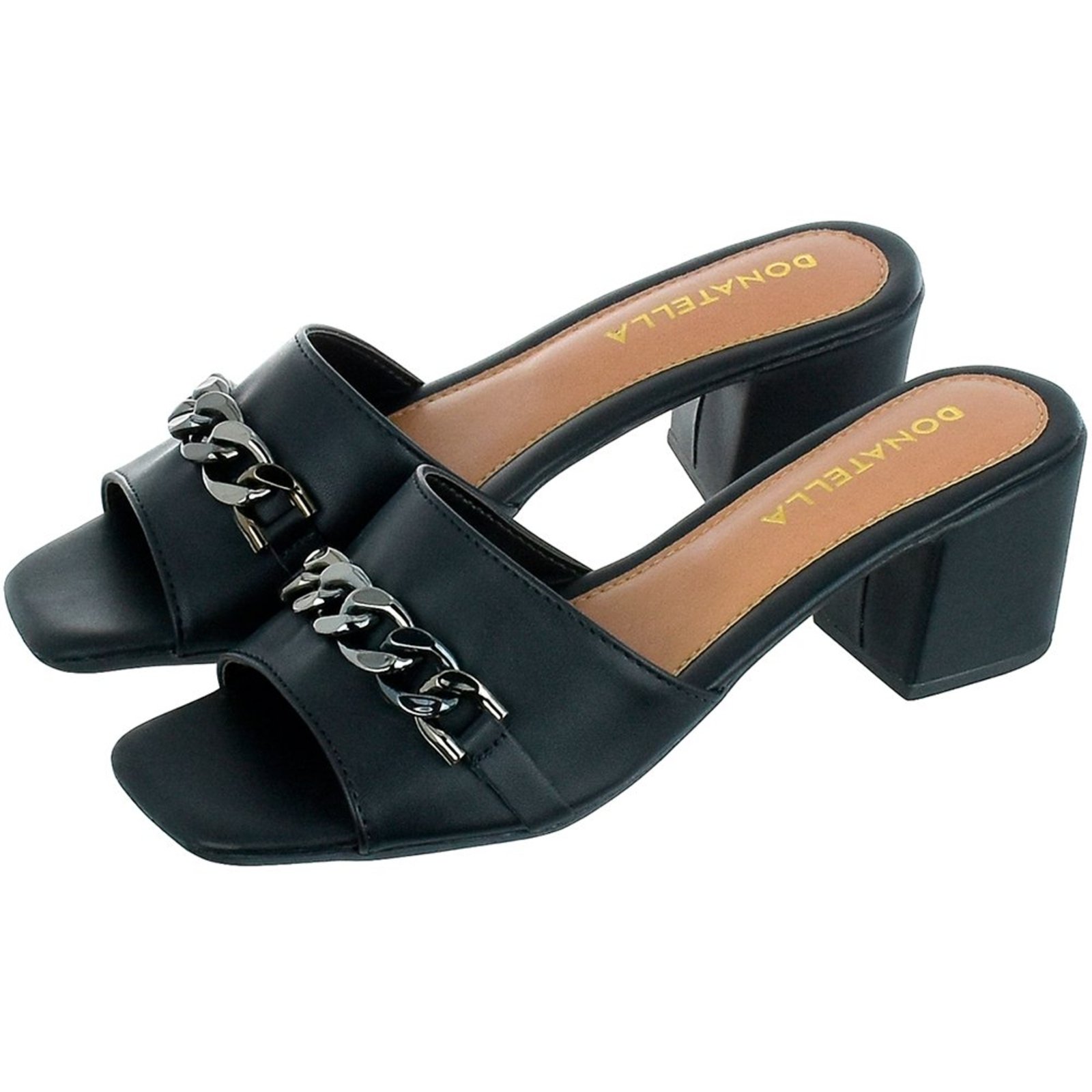 Sandália Feminina Tamanco Salto Alto Bloco Donatella Shoes com Corrente Preto