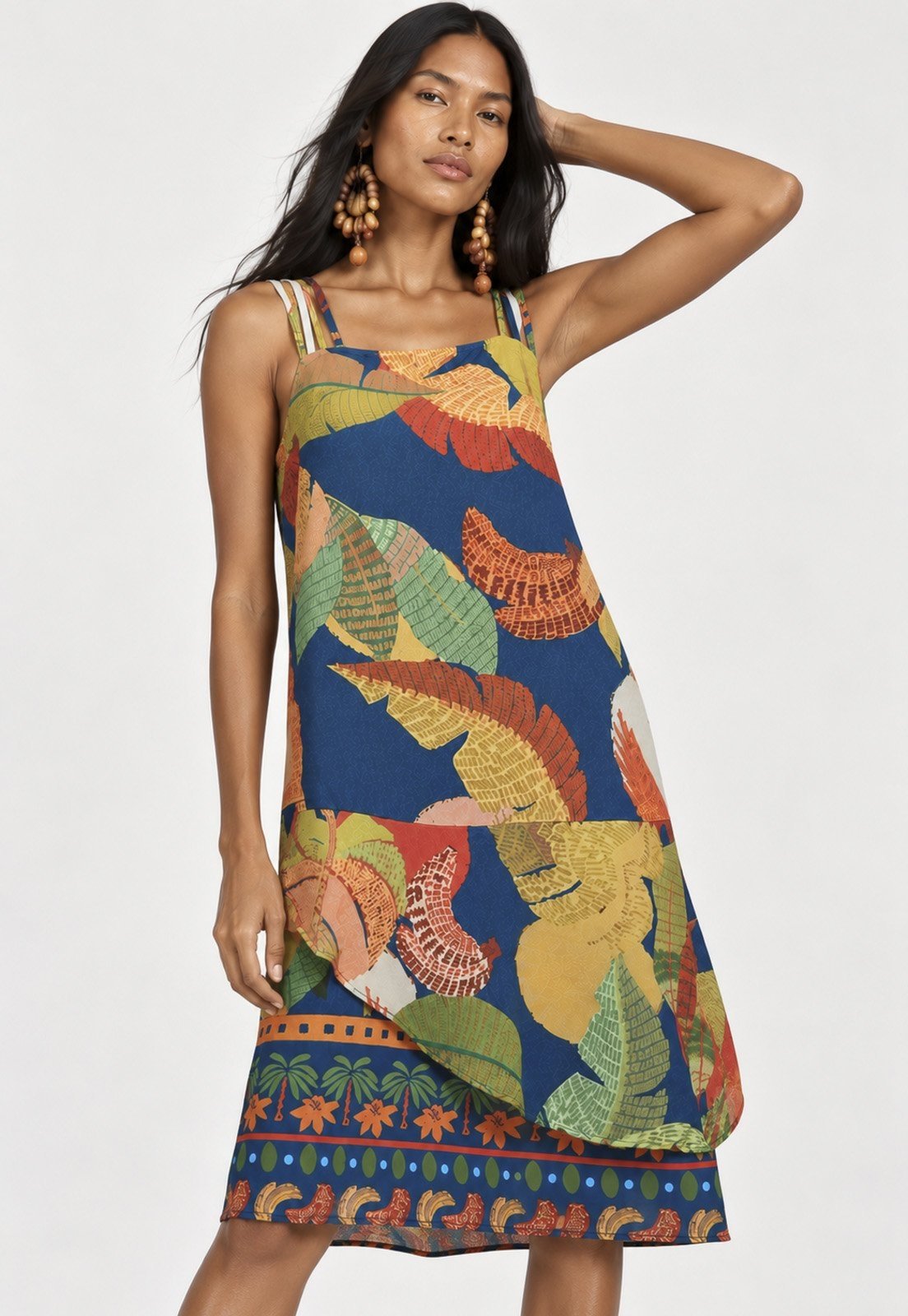 Vestido Amazonia Vital Curto Viscose Regata Alça Tripla Estampa Folhas do Jari