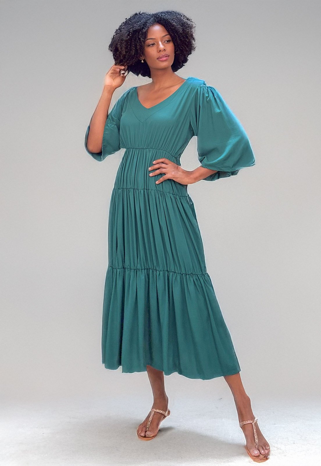 Vestido Longo Cabanafree Plano com manga Verde Musgo