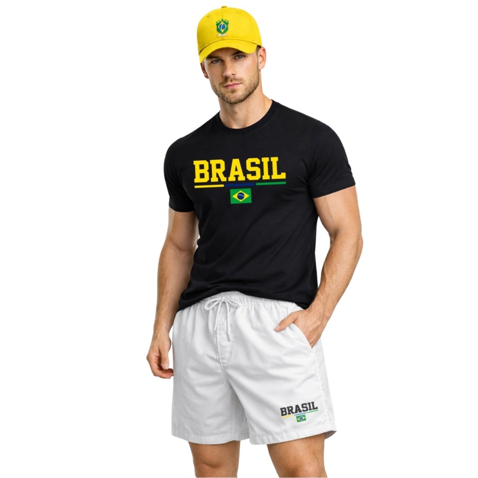 Kit Completo Brasil Masculino Camiseta Algodão Bermuda Tactel Casual e Boné