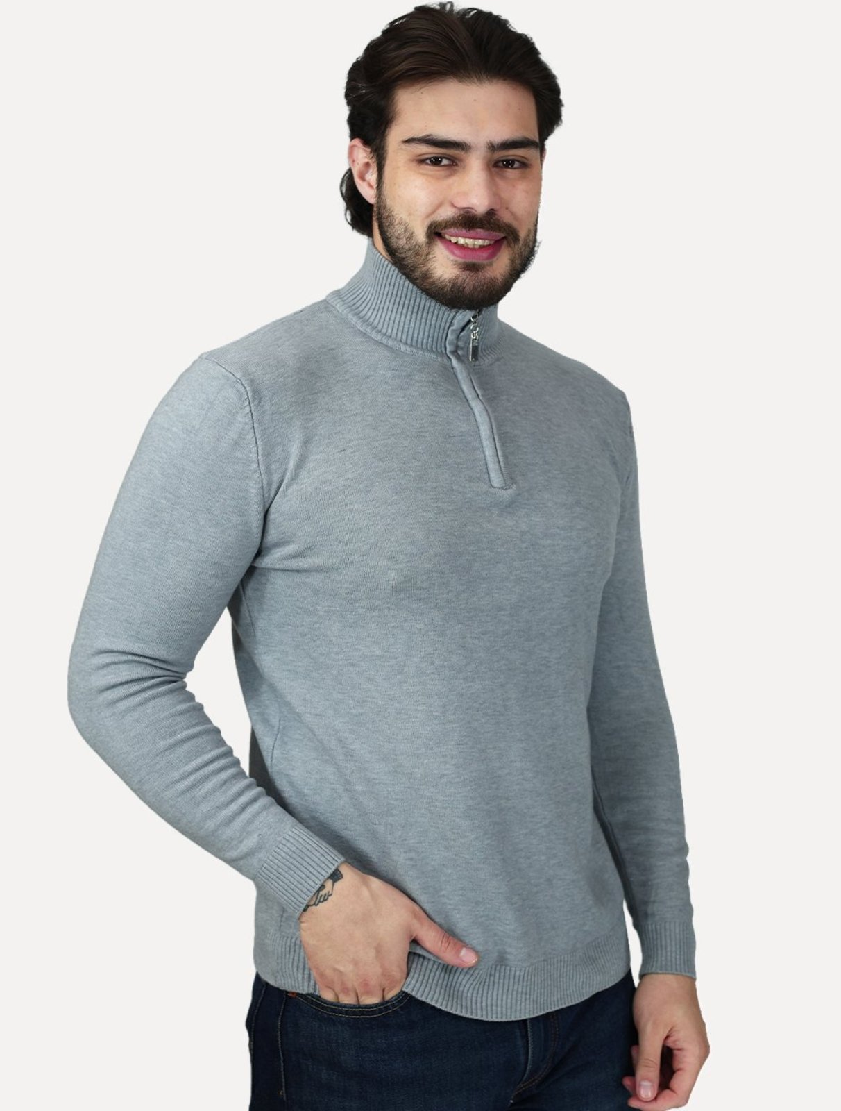 Suéter Dixen Masculino Tricot Half-Zip Gola Alta Cinza