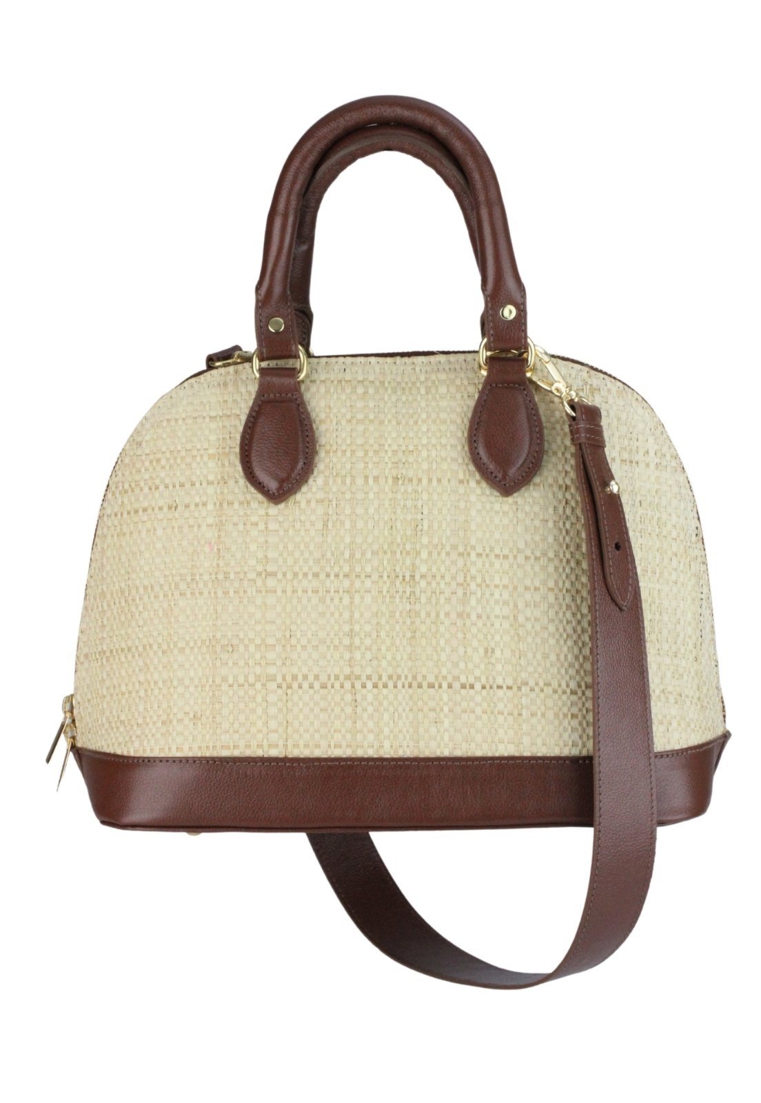 Bolsa Nua Duza Couro e Palha Natural Marrom