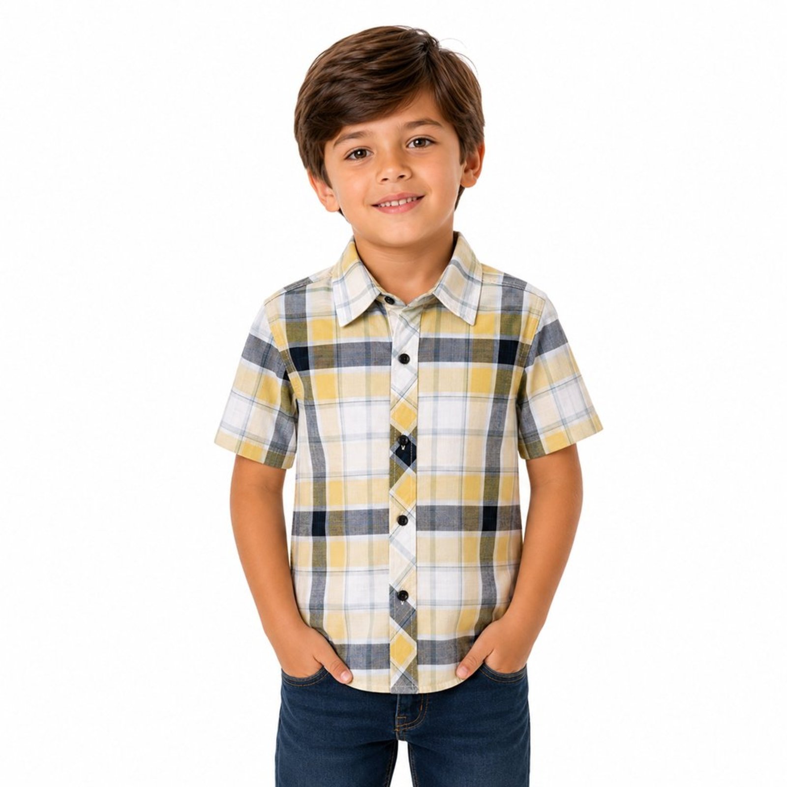 Infantil - Camisa Juvenil Look Jeans Manga Curta Xadrez Amarelo