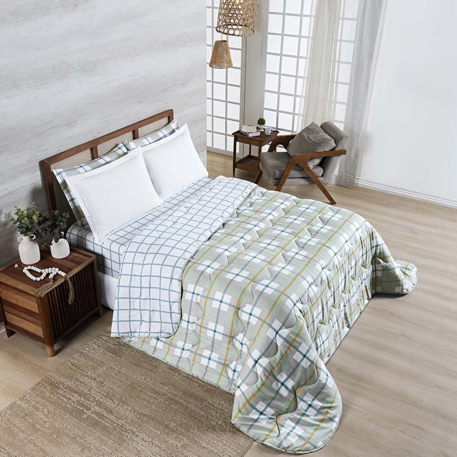 Edredom Cobertor Belle Queen 400 Fios Dupla Face Estampado Grid Xadrez Verde