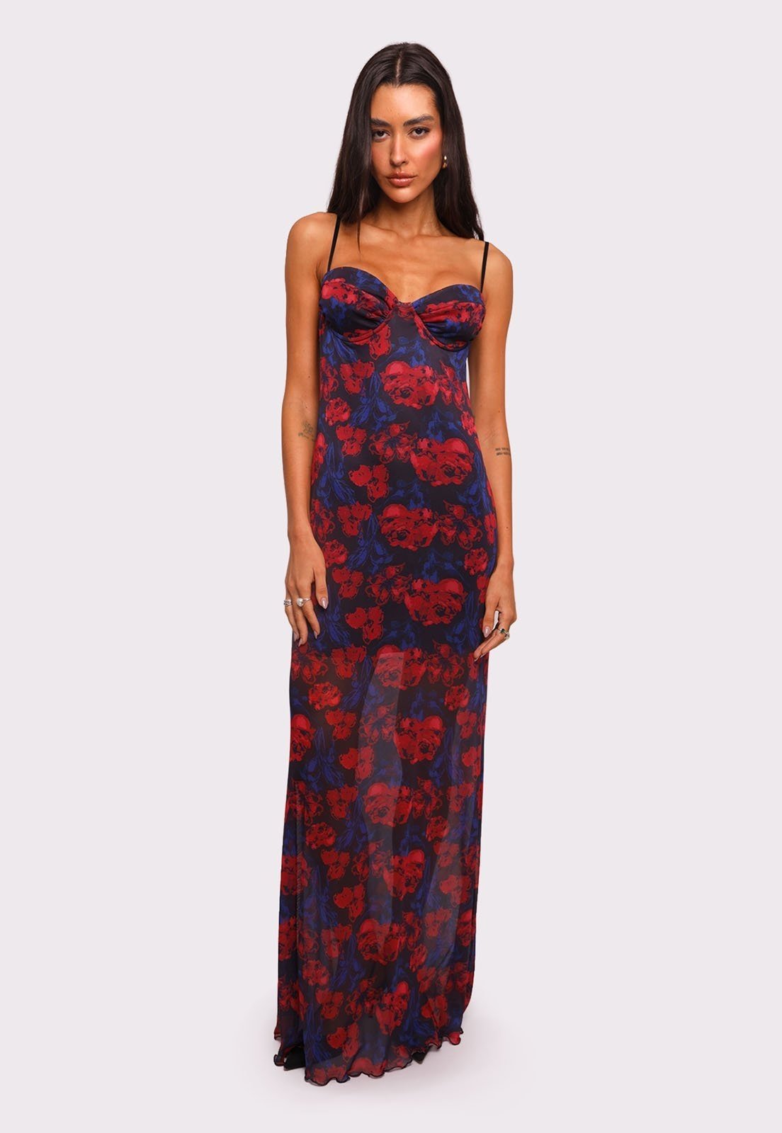 vestido meia taça em tule rosário Preto Floral