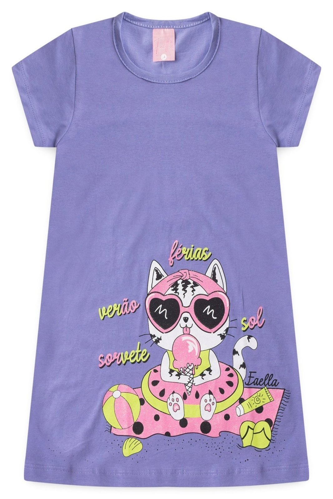 Infantil – Vestido Verão Feminino Gatinha de Oculos Mega – Lilás