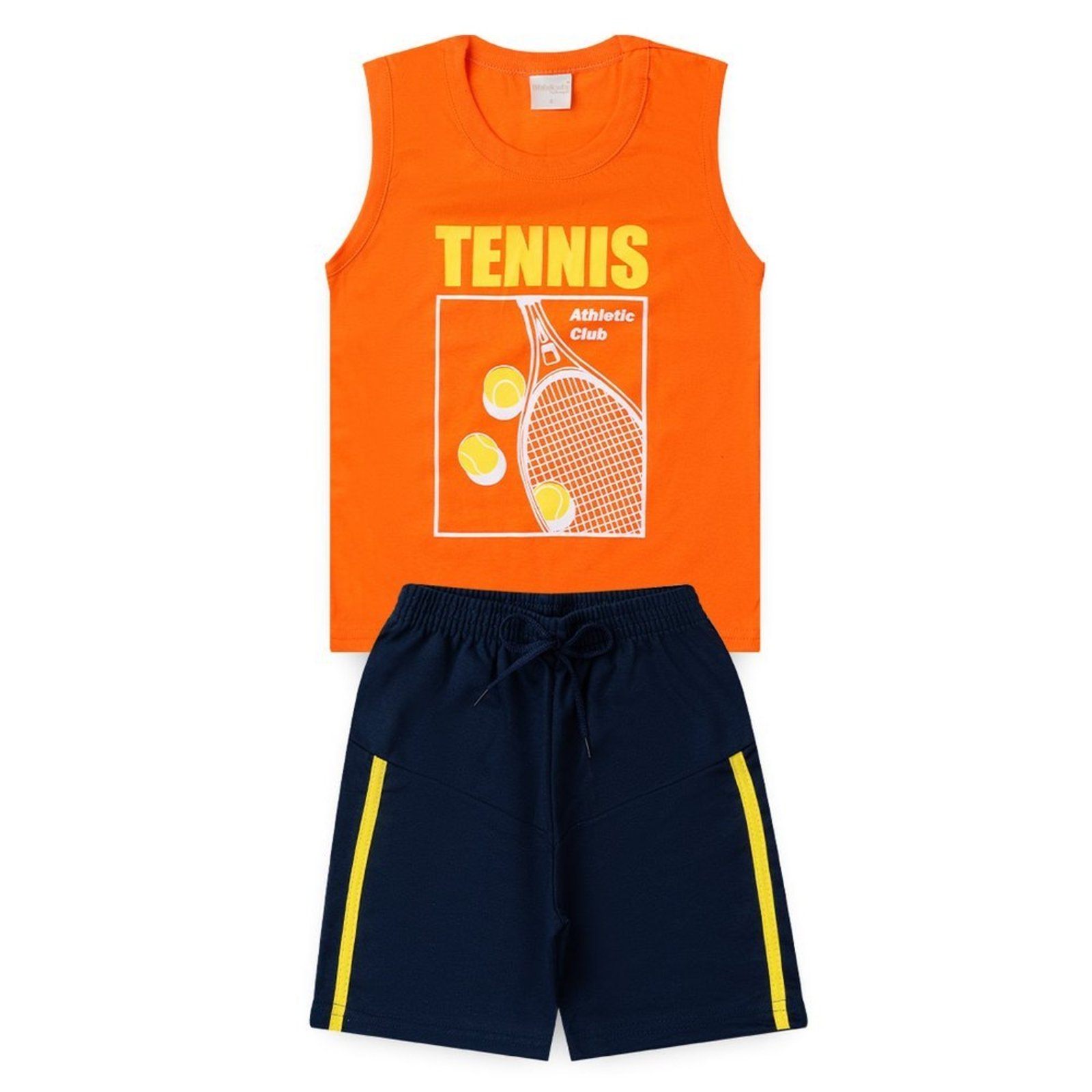 Infantil - Conjunto Verão Menino Laranja Regata e Bermuda com Recorte Tennis