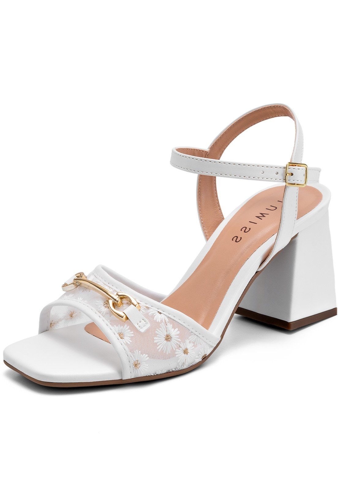 Sandália Feminina Lumiss Salto Alto Bloco Tule Flor Bico Quadrado Confortável Branco
