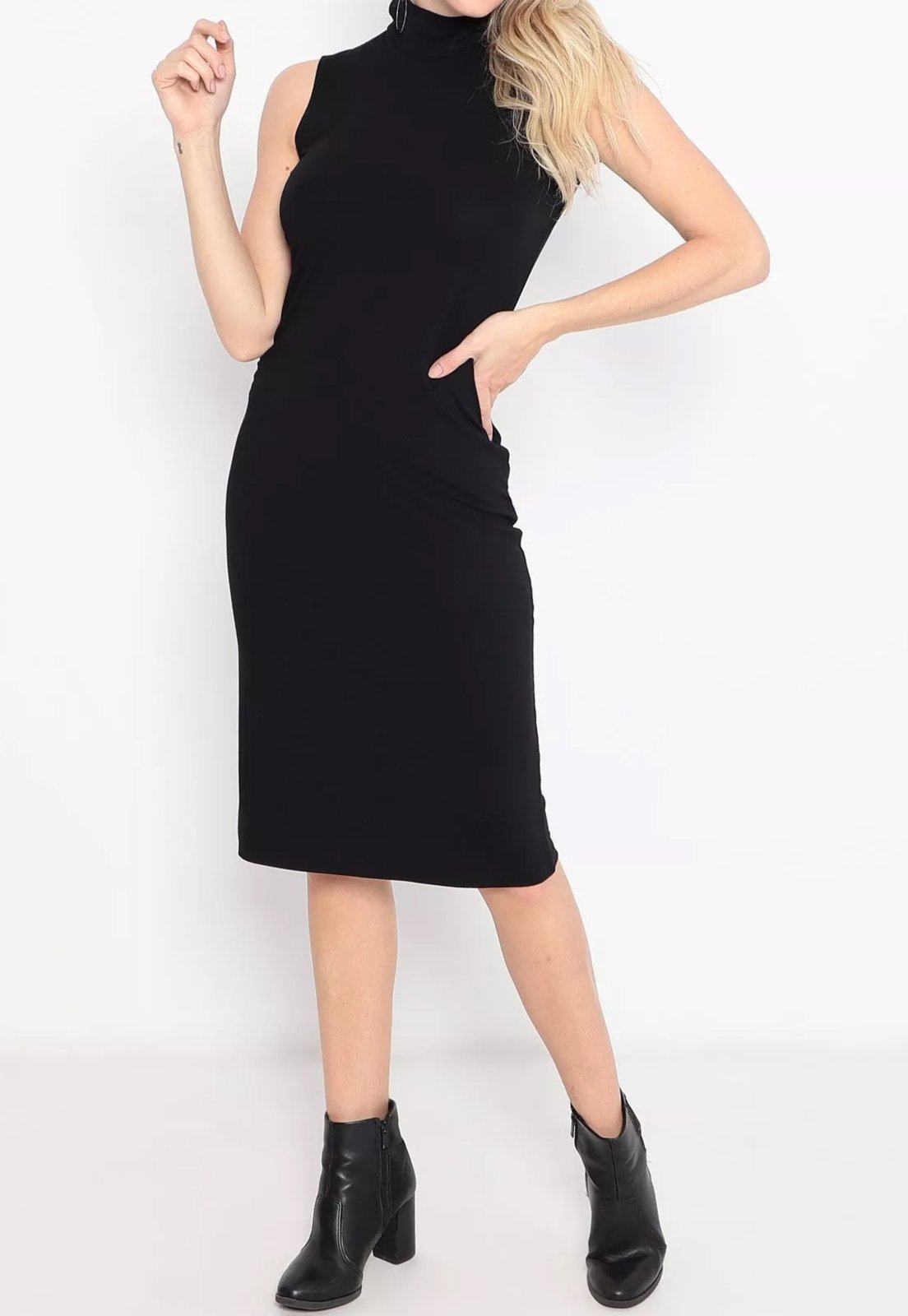 Vestido Maria Paes Midi Gola Alta Preto