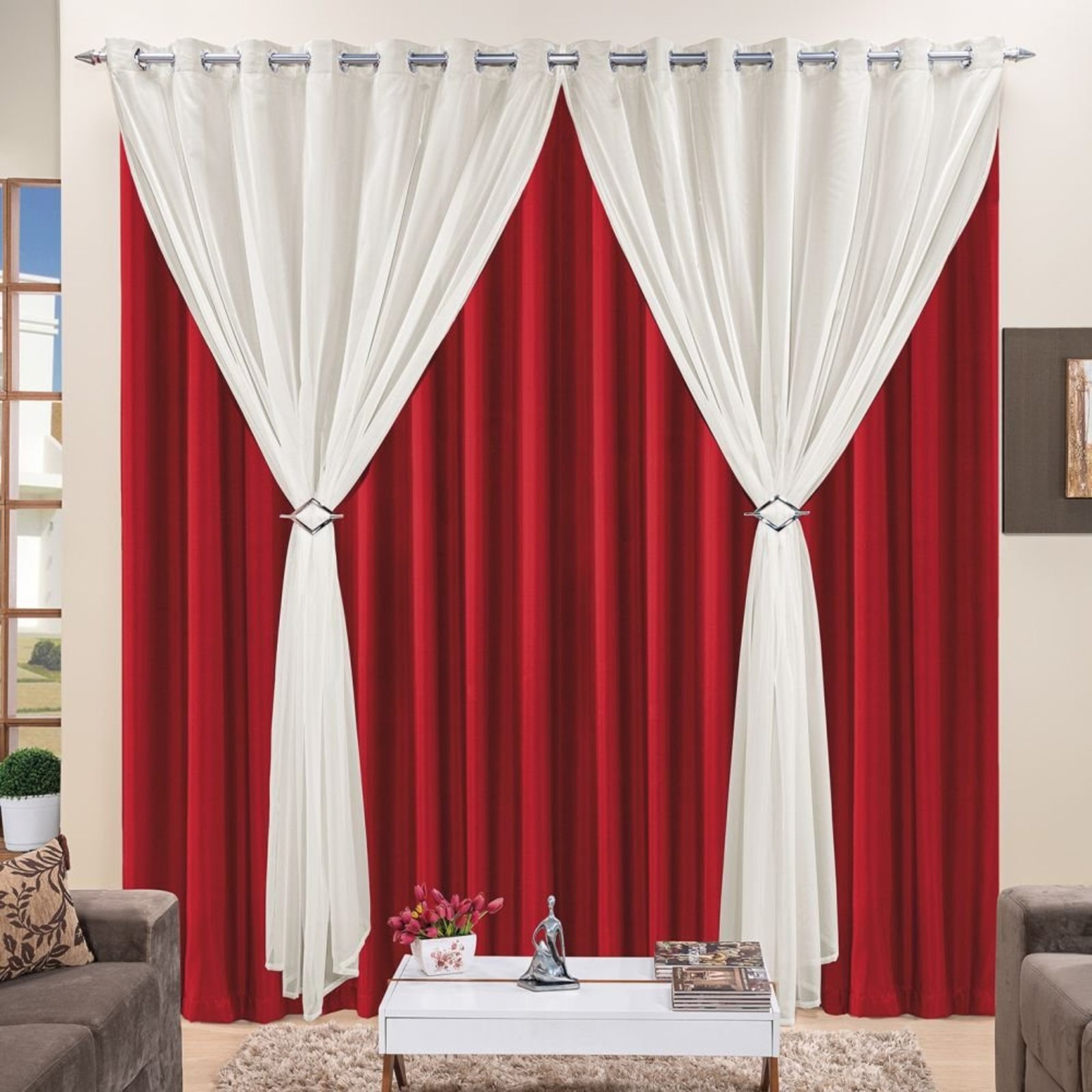 Cortina 3 Mts Sala Quarto Voal com Microfibra para Trilho Suisso Vermelho - 100% Poliéster