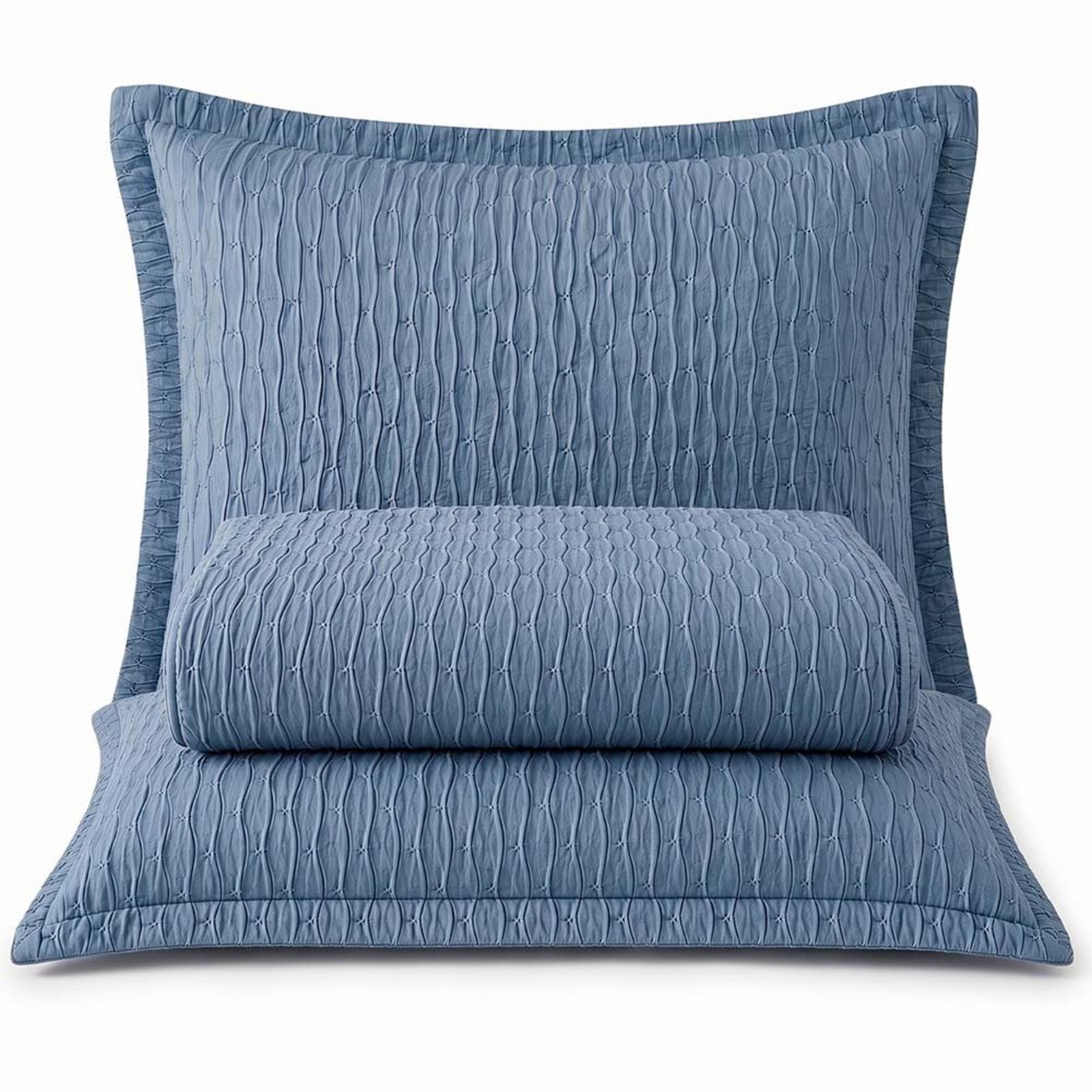 Kit Cobre Leito Elegance Casal Percal 300 Fios Colcha Matelassê Plissado 3 Peças Azul Jeans