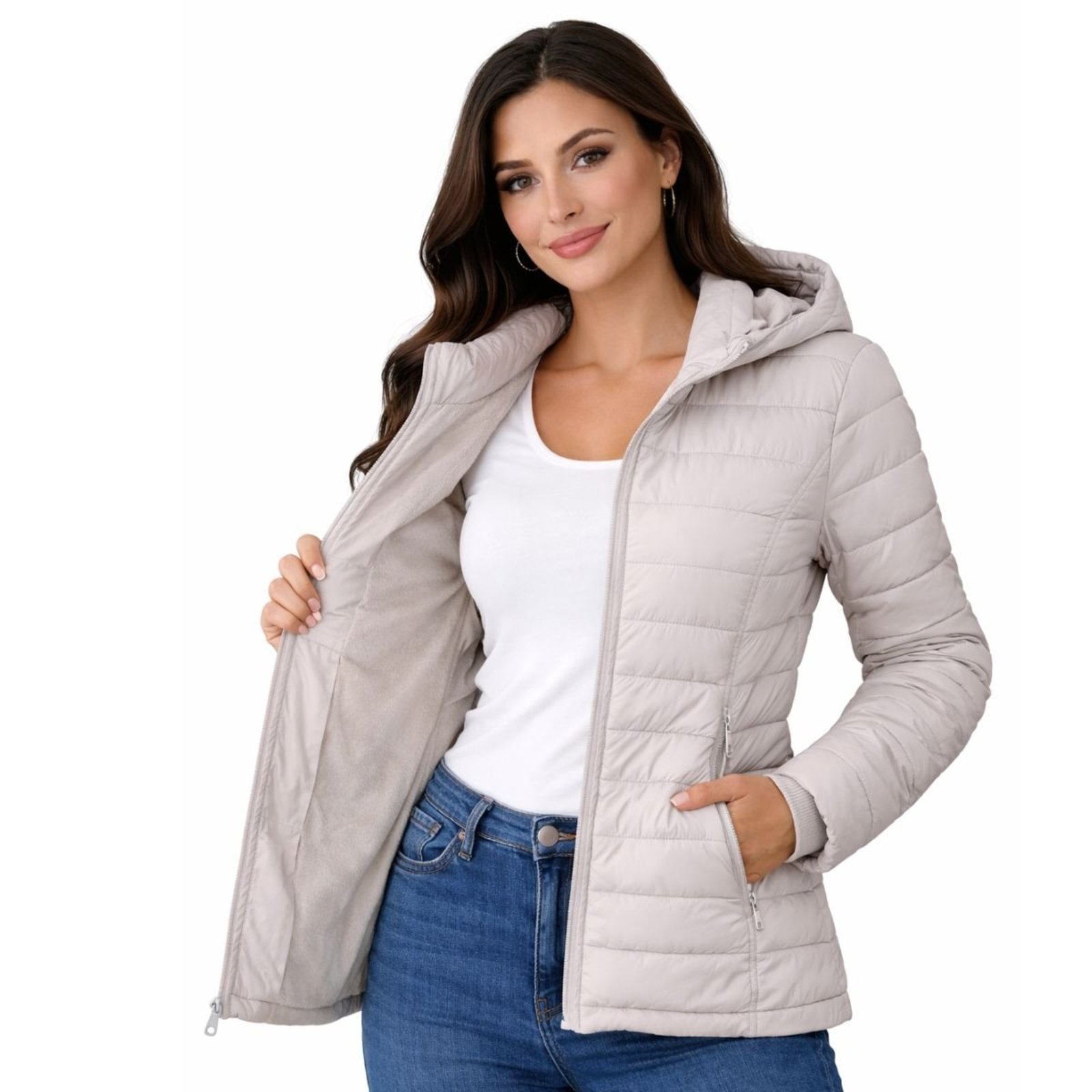 Jaqueta Parka Feminina Puffer Com Capuz Inverno Nylon Bege