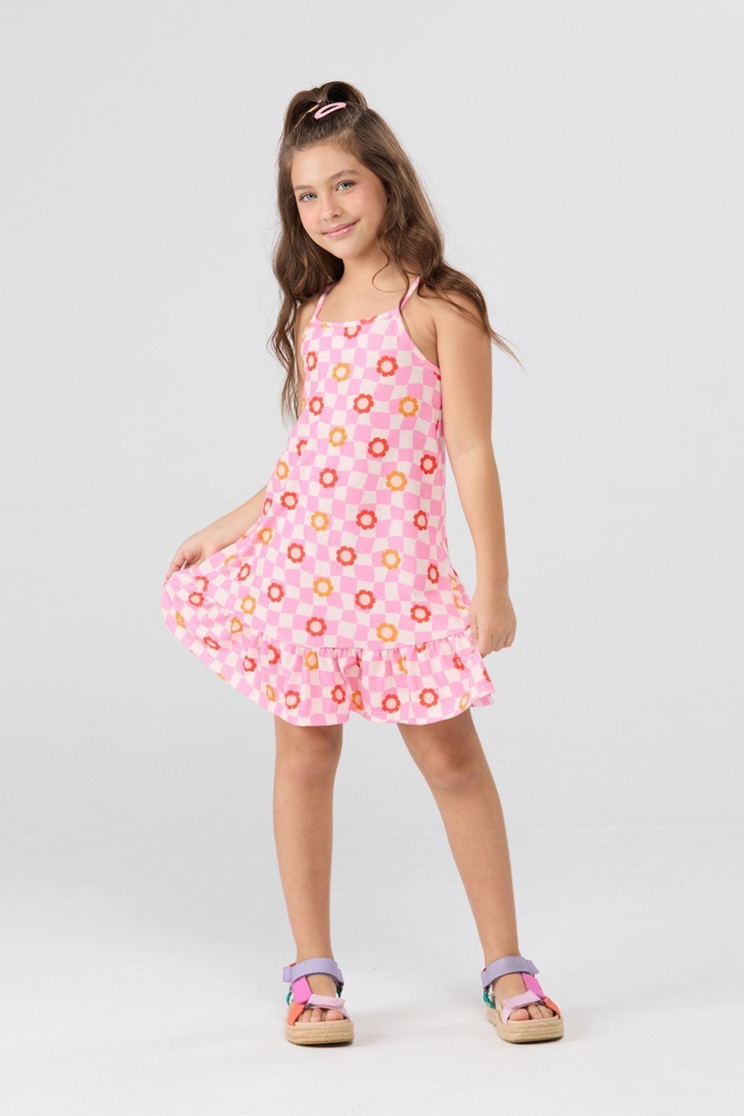 Infantil - Vestido Feminino Regata Babado Quadriculado