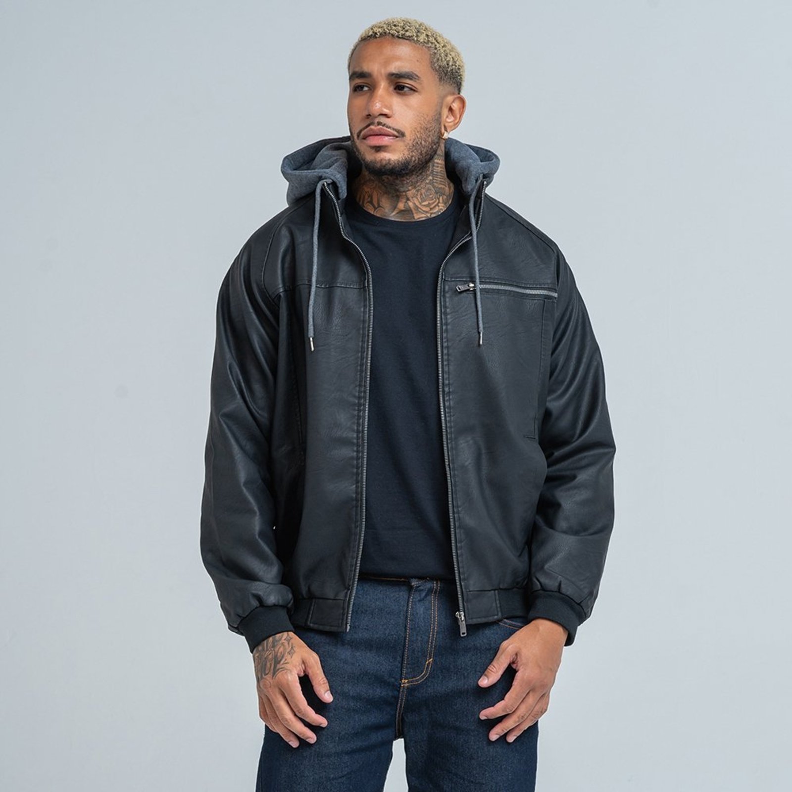 Jaqueta PU Masculina Preto Com Capuz Moletom