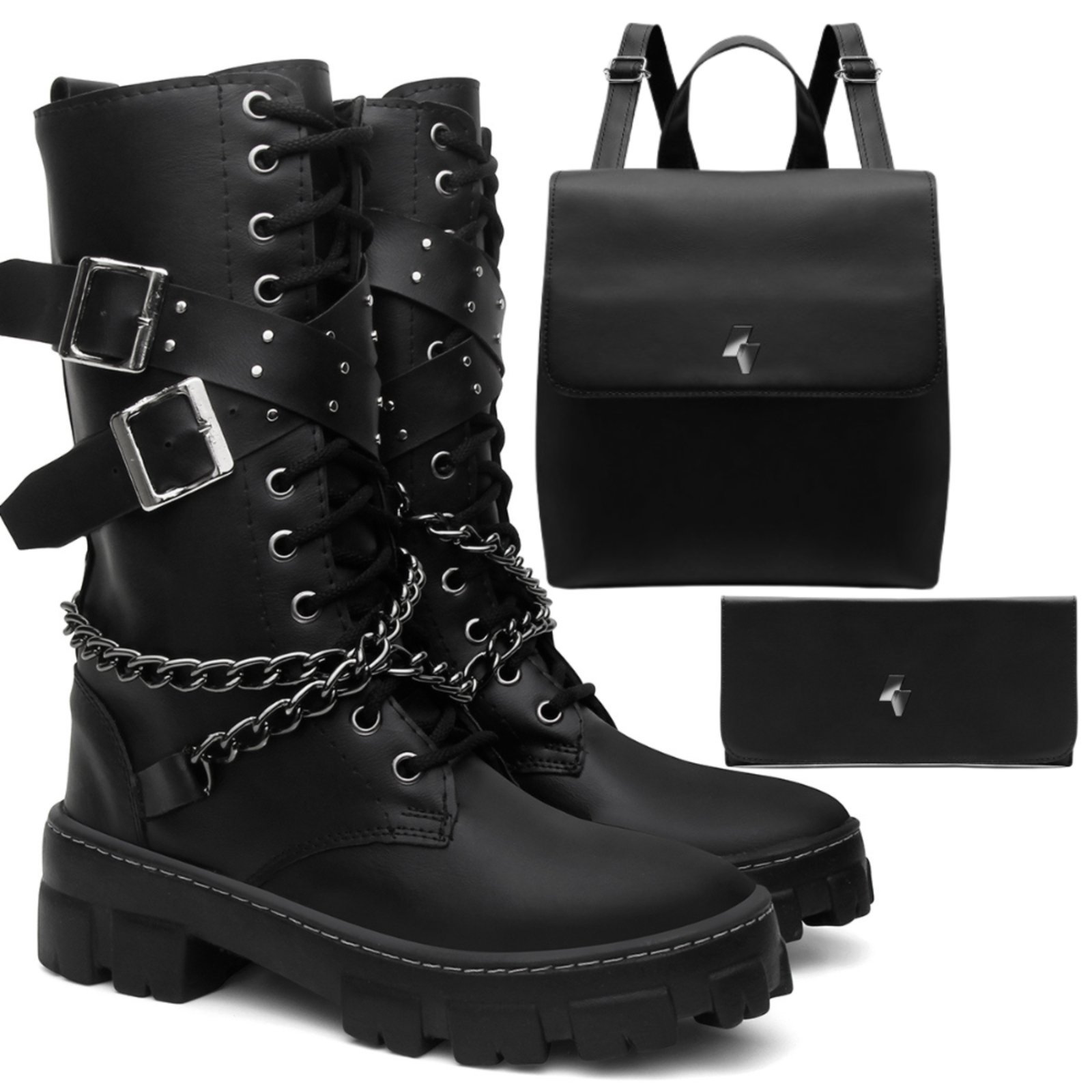 Kit Bota Feminina Veritimo Coturno Cano Alto Sola Tratorada Robusto Bolsa e Carteira Preto