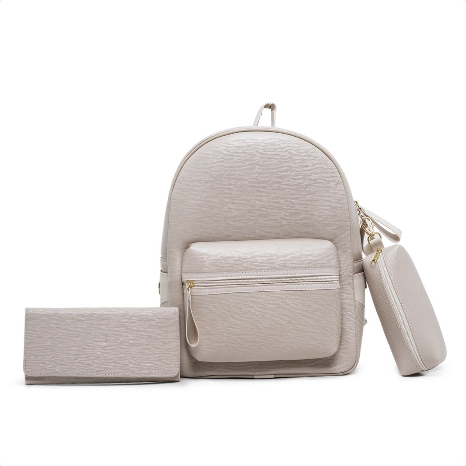 Kit Mochila Feminina Couro Universitaria Com Carteira Estojo - Bege