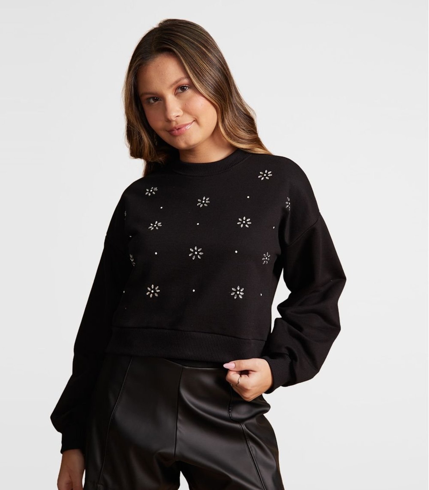 Infantil - Blusão Juvenil Moletom Sem Felpa Com Strass Minty Preto