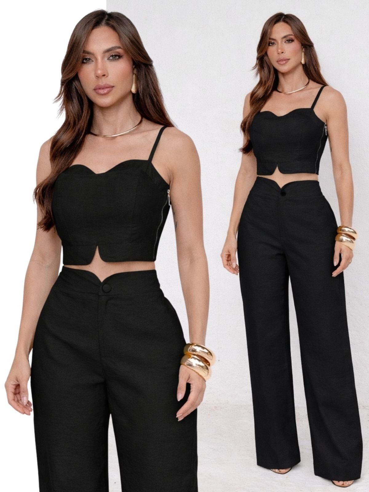 Conjunto Feminino Alfaiataria Divina Gata Cropped e Calça Pantalona – Preto