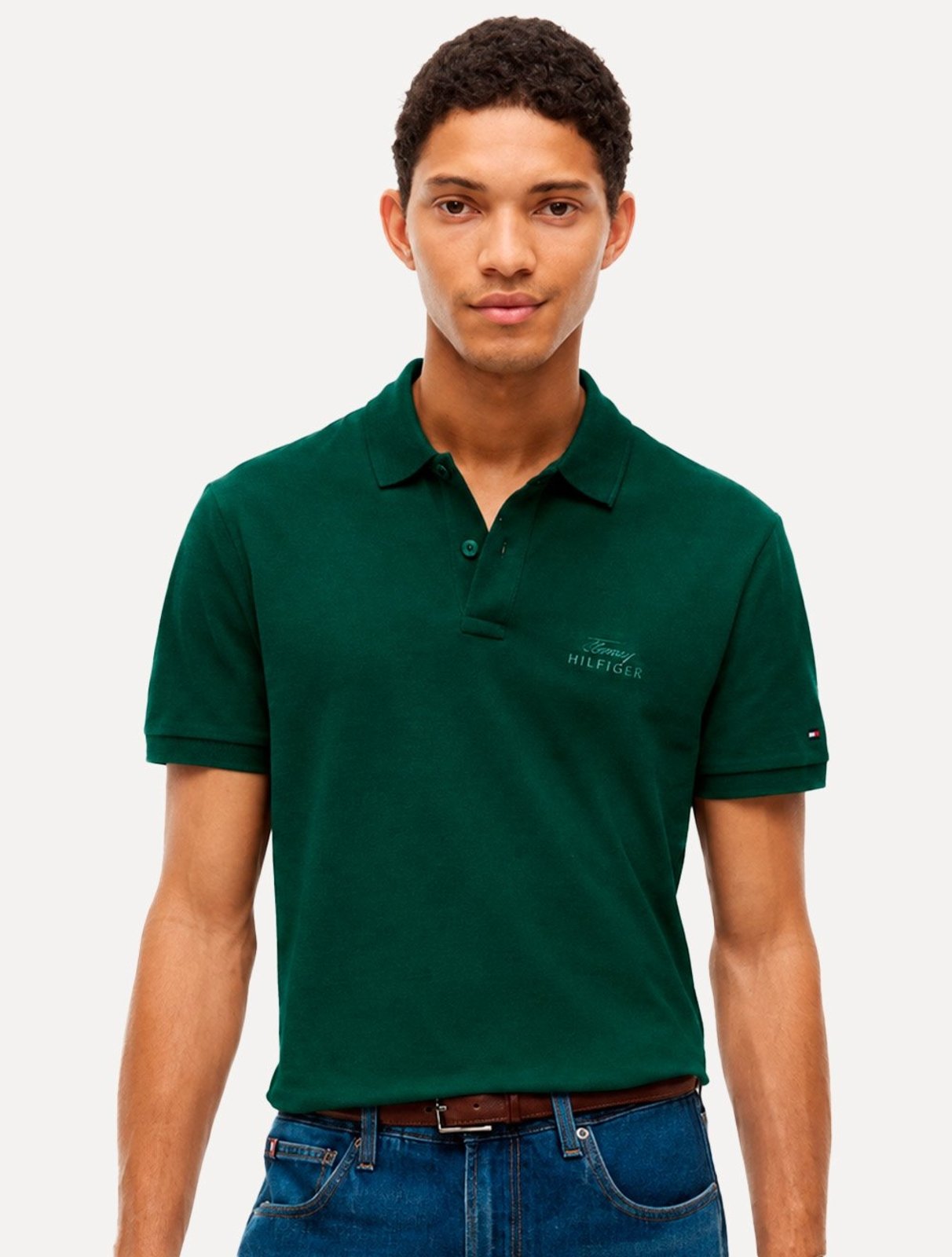 Polo Tommy Hilfiger Masculina Piquet Regular Melange Collar Verde Escuro