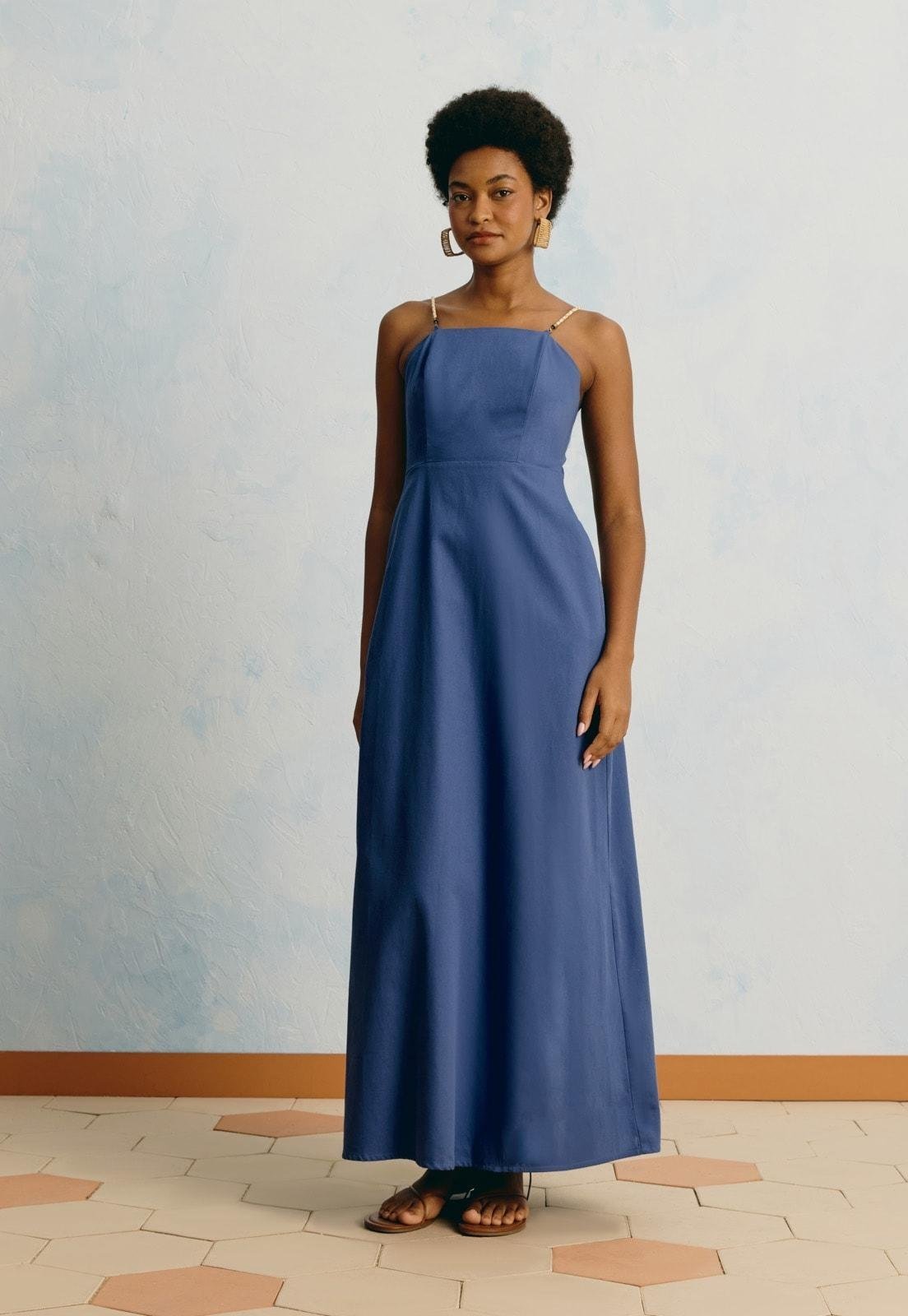 Vestido Longo Liso Alça Corda Azul