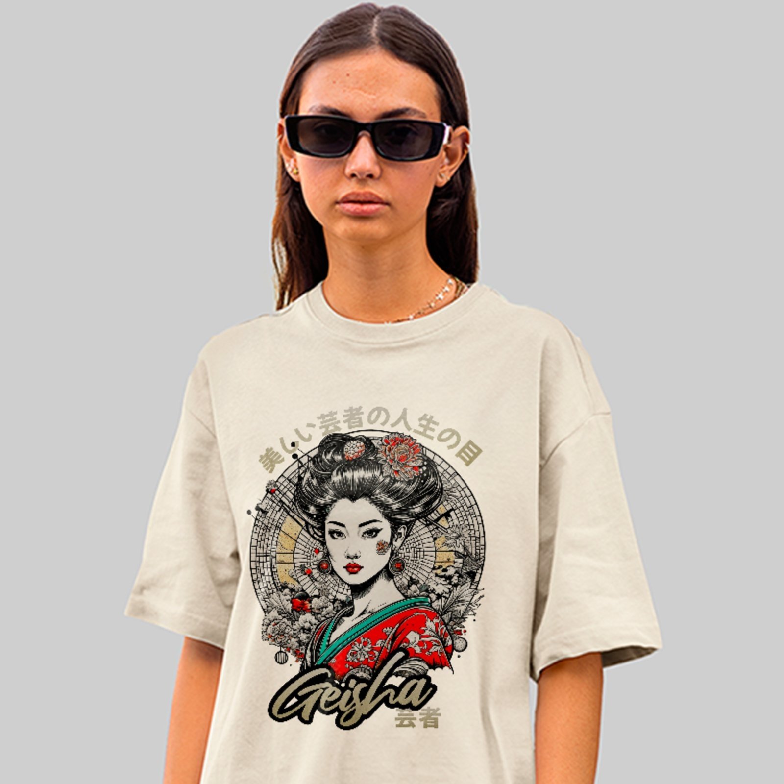 Camiseta Oversized Premium Geisha Arte Oriental Urban Style Unissex Off White