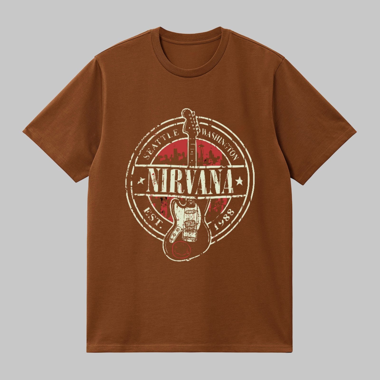Camiseta Básica Nirvana Rock Guitar Vintage Unissex Marrom
