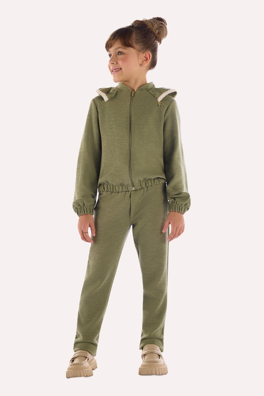 Infantil - Conjunto Verde em Moletinho Texturizado com Jaqueta e Calça