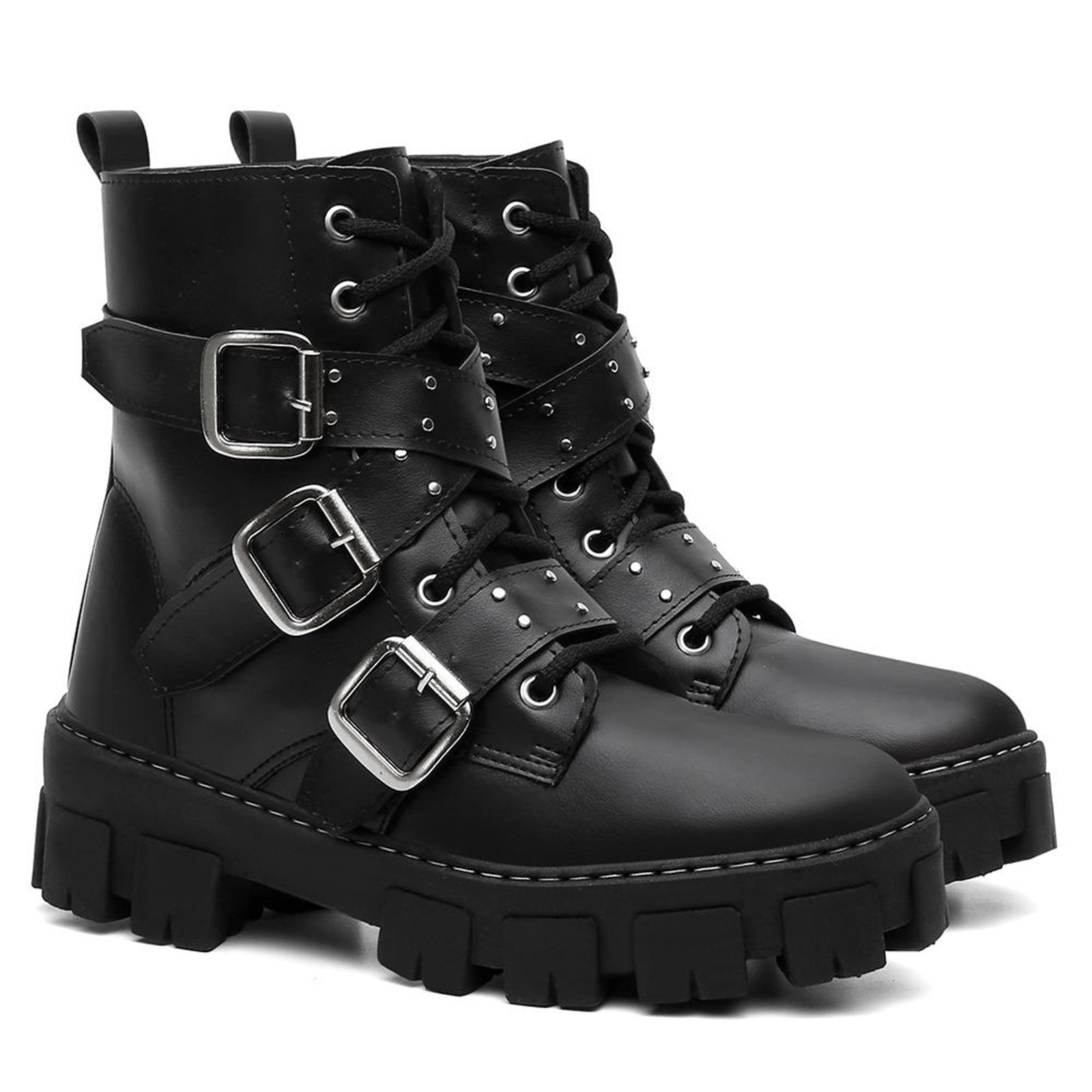 Bota Feminina Coturno Veritimo Plataforma Tratorada Cano Médio Fivelas Estilosa Preto