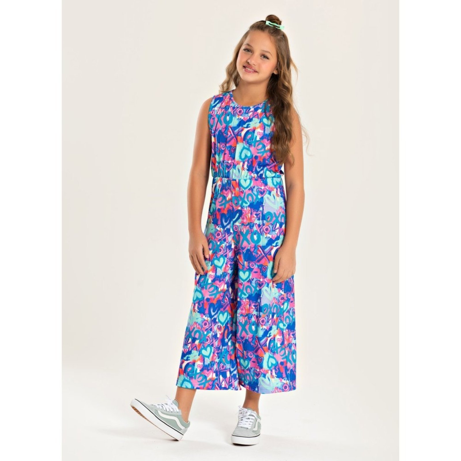 Infantil – Macacão Pantacourt Verão Menina Azul Corações XOXO
