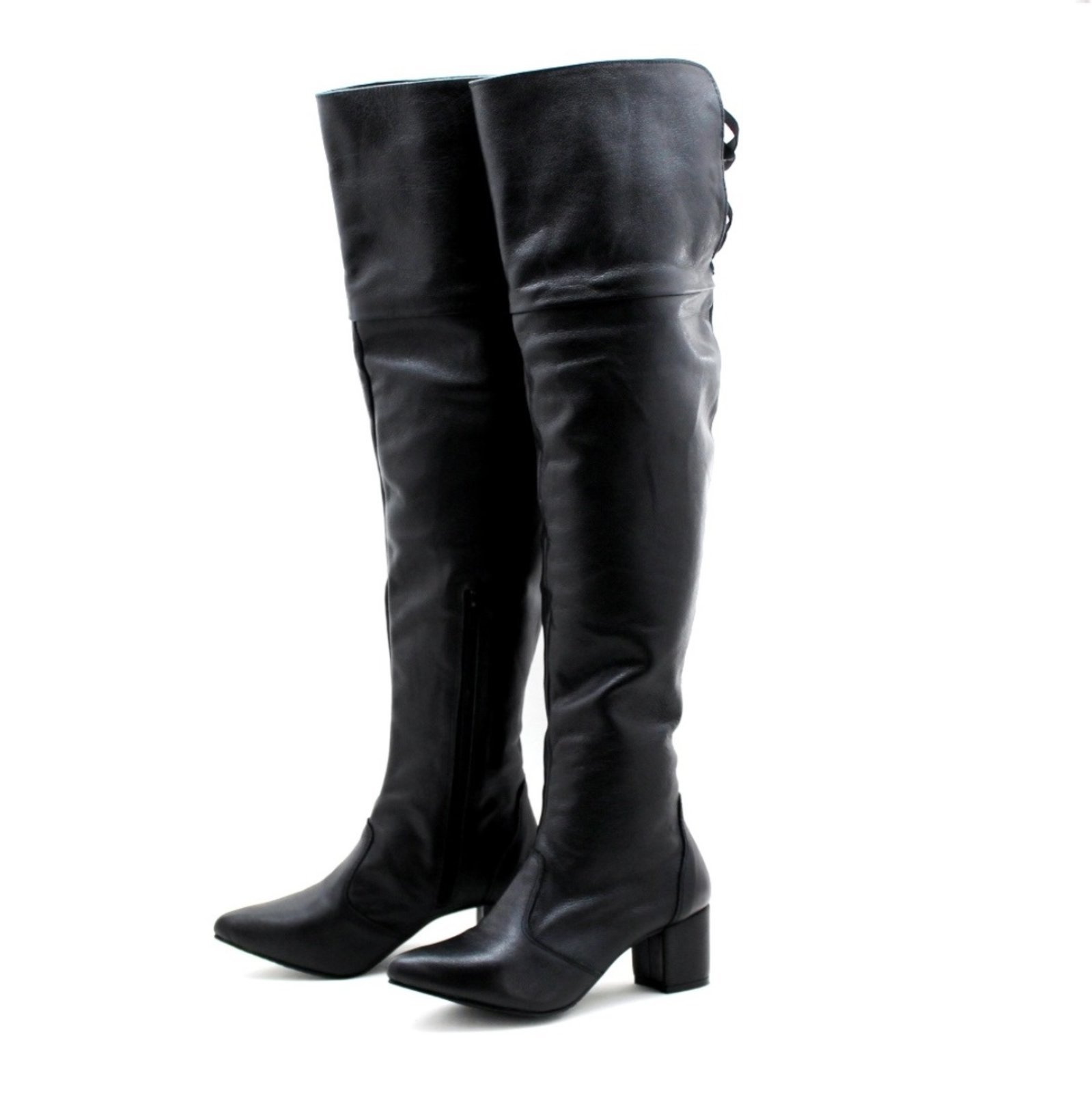 Botas Femininas Over The knee Lirom Em Couro C/ Salto Confortável 6 Bico Fino Preto Super Luxo