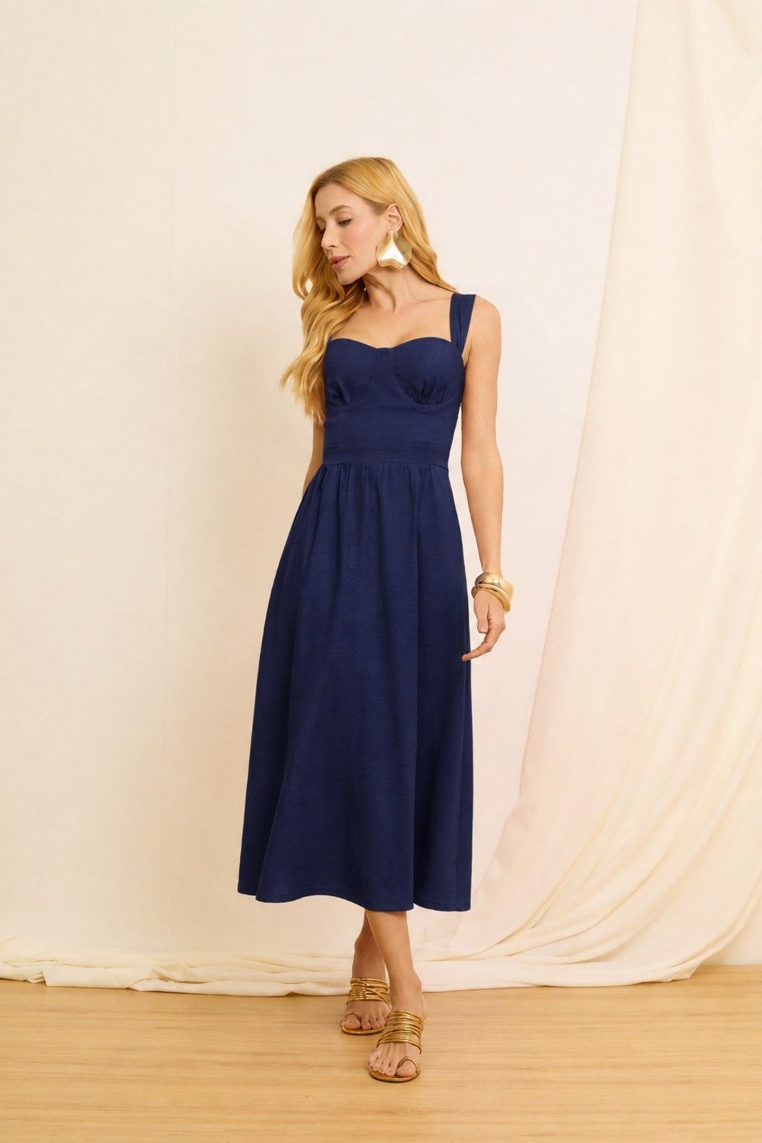 Vestido Vanibele Midi Busto Azul Marinho