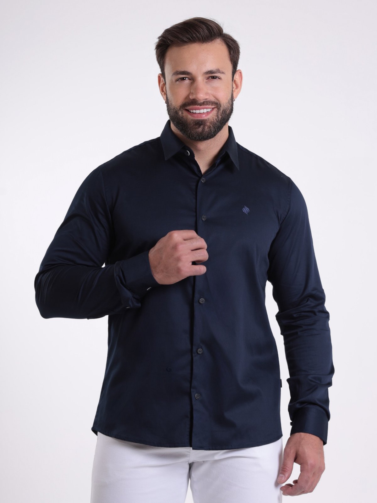 Camisa Social Masculino Djak Slim Acetinado Macia e Fácil de Passar Luxo Marinho