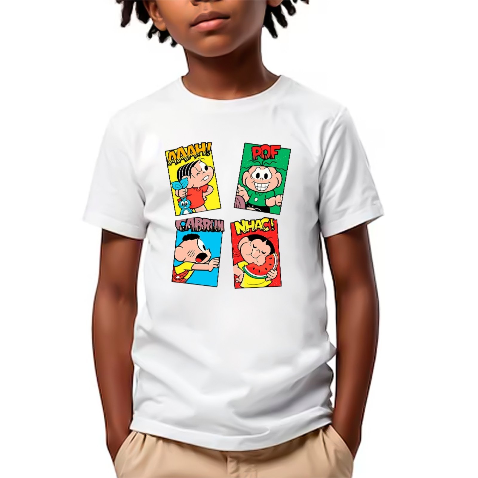 Infantil - Camiseta Turma Da Mônica Quadrinhos Divertidos Personagens Unissex Branco
